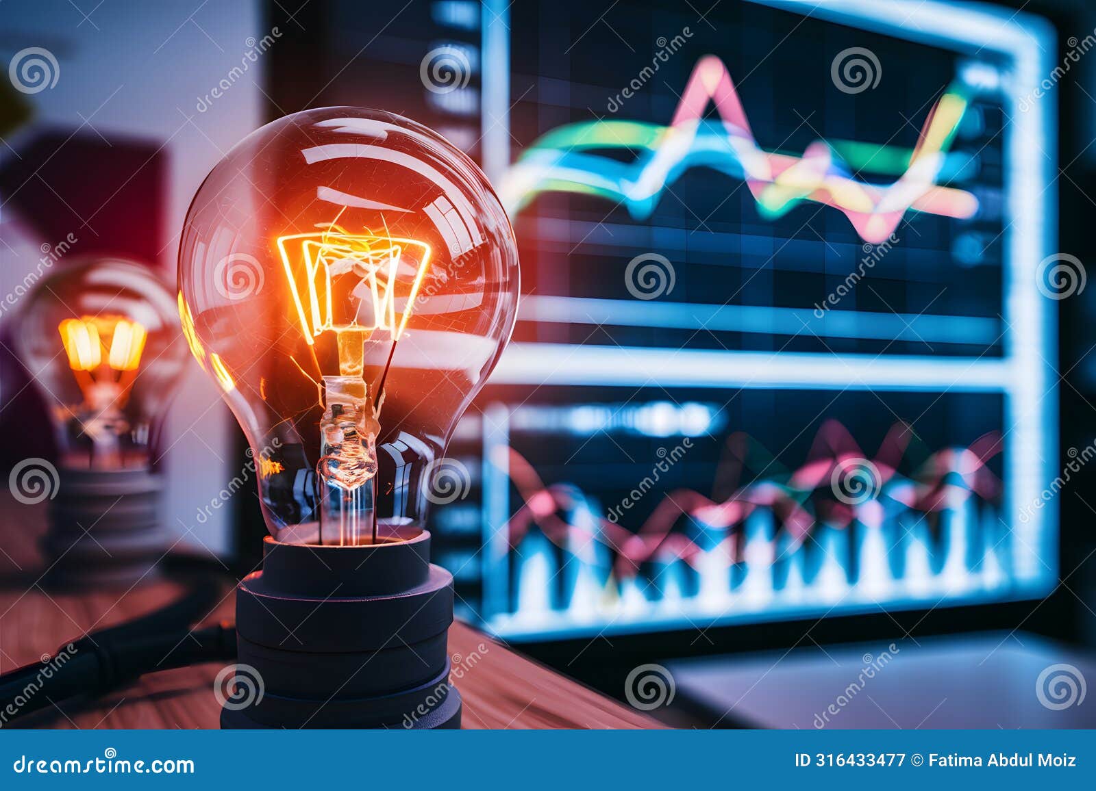 bright light bulb illuminates graph in background, creating innovative workspace for idea generation