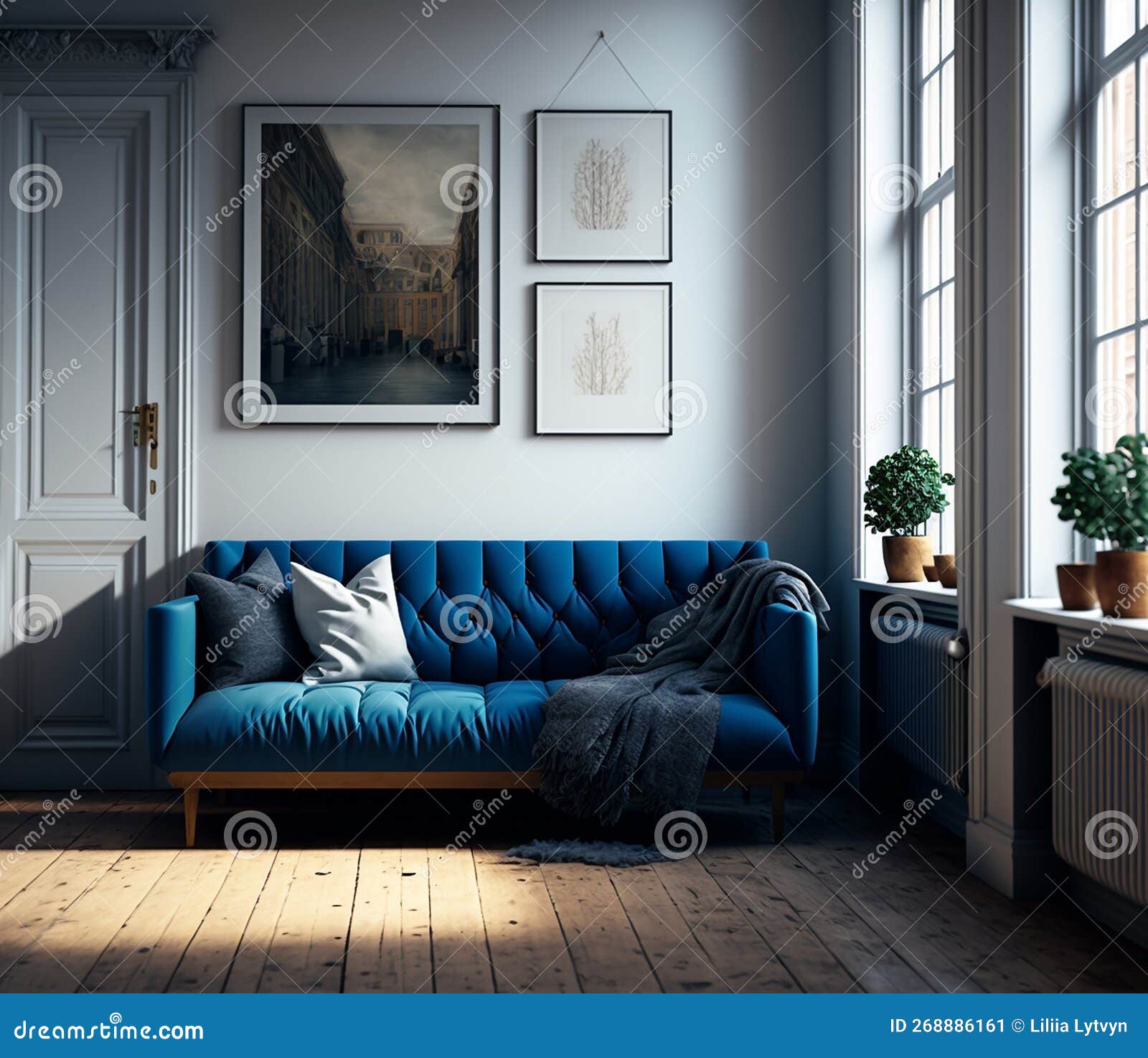 Bright Living Room with Blue Sofa. Modern Interior Design Stock
