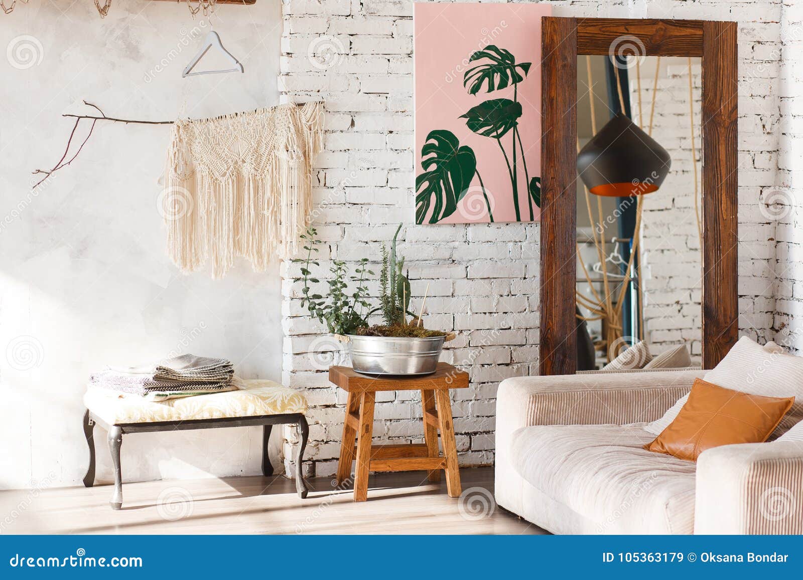 Bright Loft Interior With White Brick Walls Mirror Modern Light Sofa Decor Stock Image Image Of Furniture Magazine