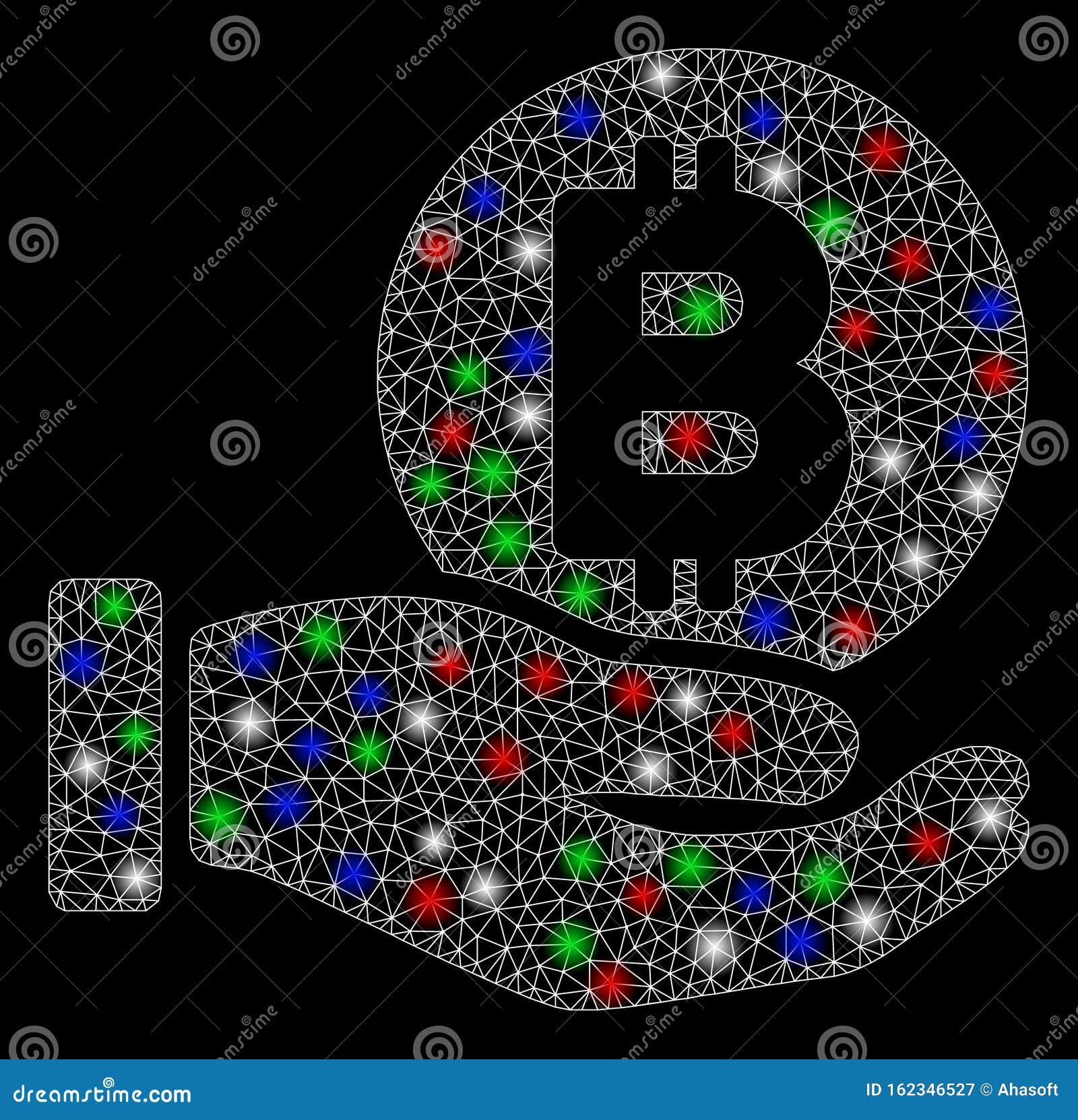 bright mesh 2d bitcoin payment hand with flare spots