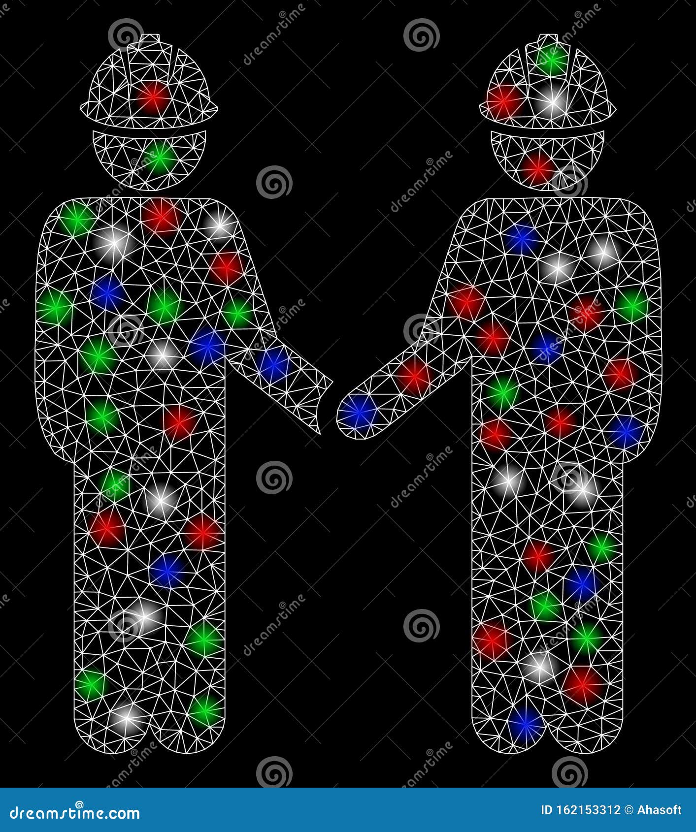 Bright Mesh 2D Engineer Persons Handshake with Light Spots Stock
