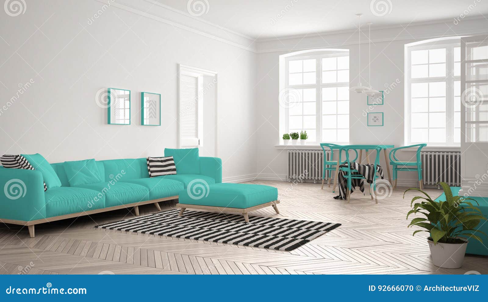 Bright Minimalist Living Room With Sofa And Dining Table Bright Minimalist Living Room With Sofa And Dining Table