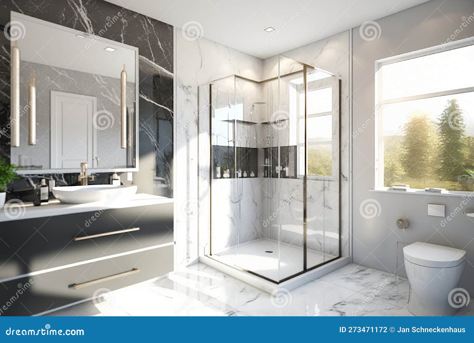 A Bright Modern Bathroom with a Large Shower and a Large Mirror, 3D