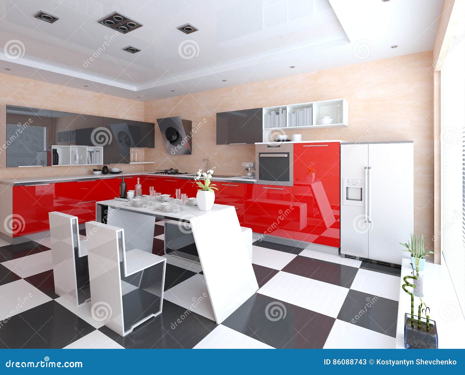 Bright Modern Kitchen With Functional Furniture Stock