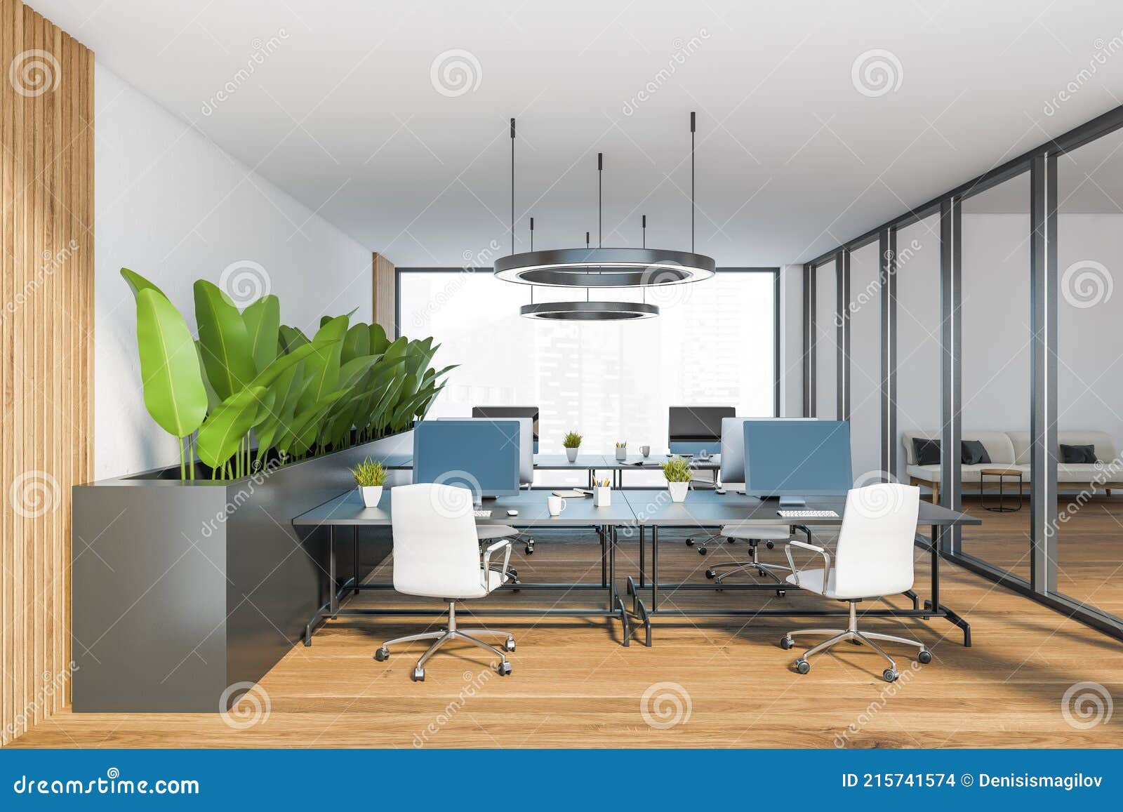 Bright Modern Minimalist Office Interior with Desks and Computer Monitor  Stock Illustration - Illustration of lamp, commercial: 215741574