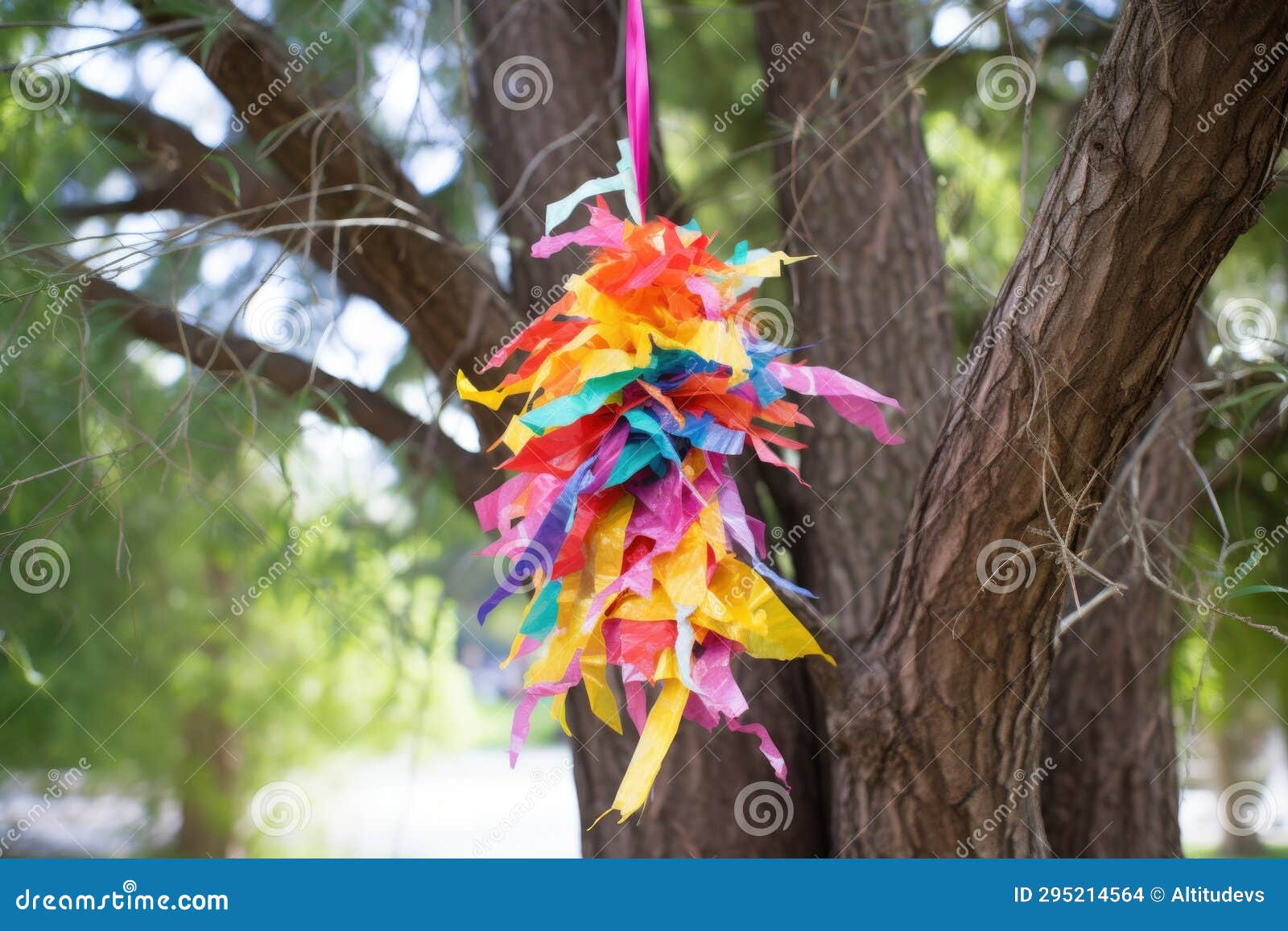 A Bright Multi-colored Pinata Hanging from a Tree Branch Stock