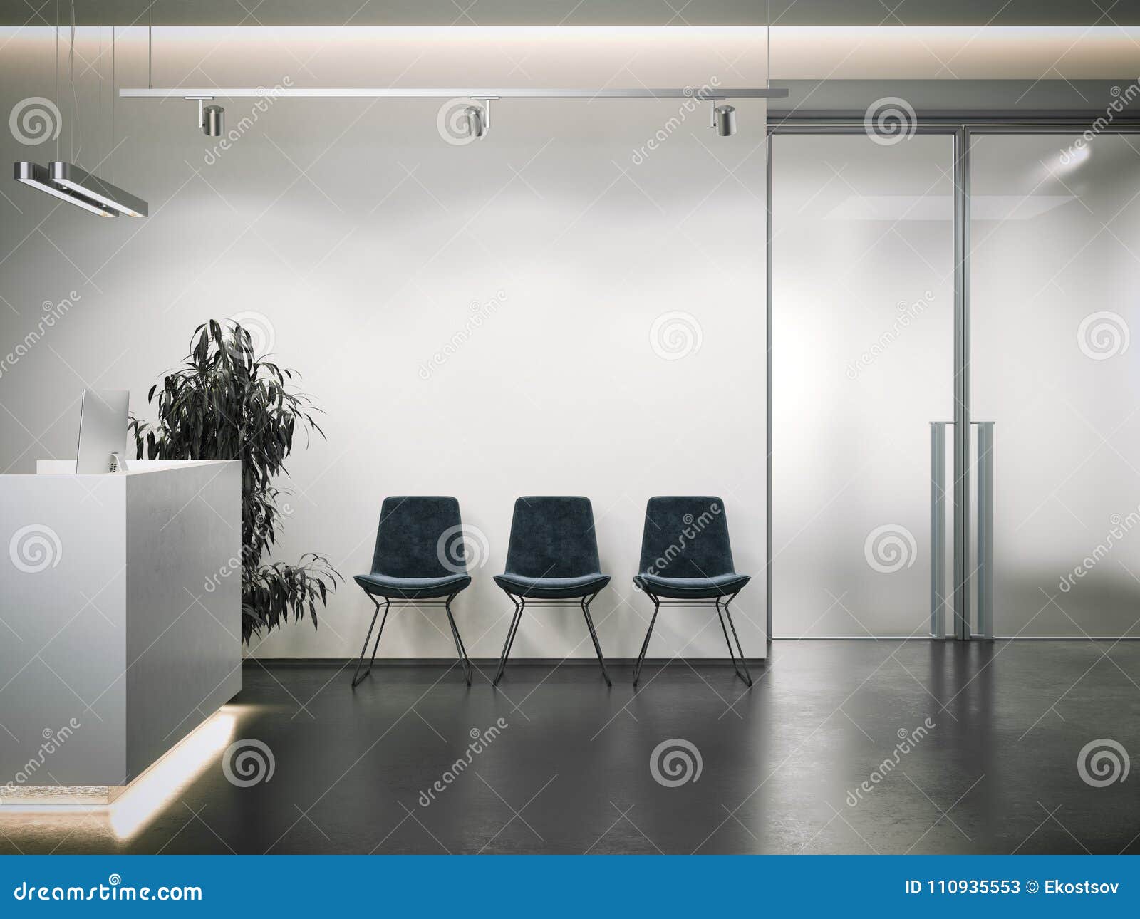 bright office reception with waiting area. 3d rendering