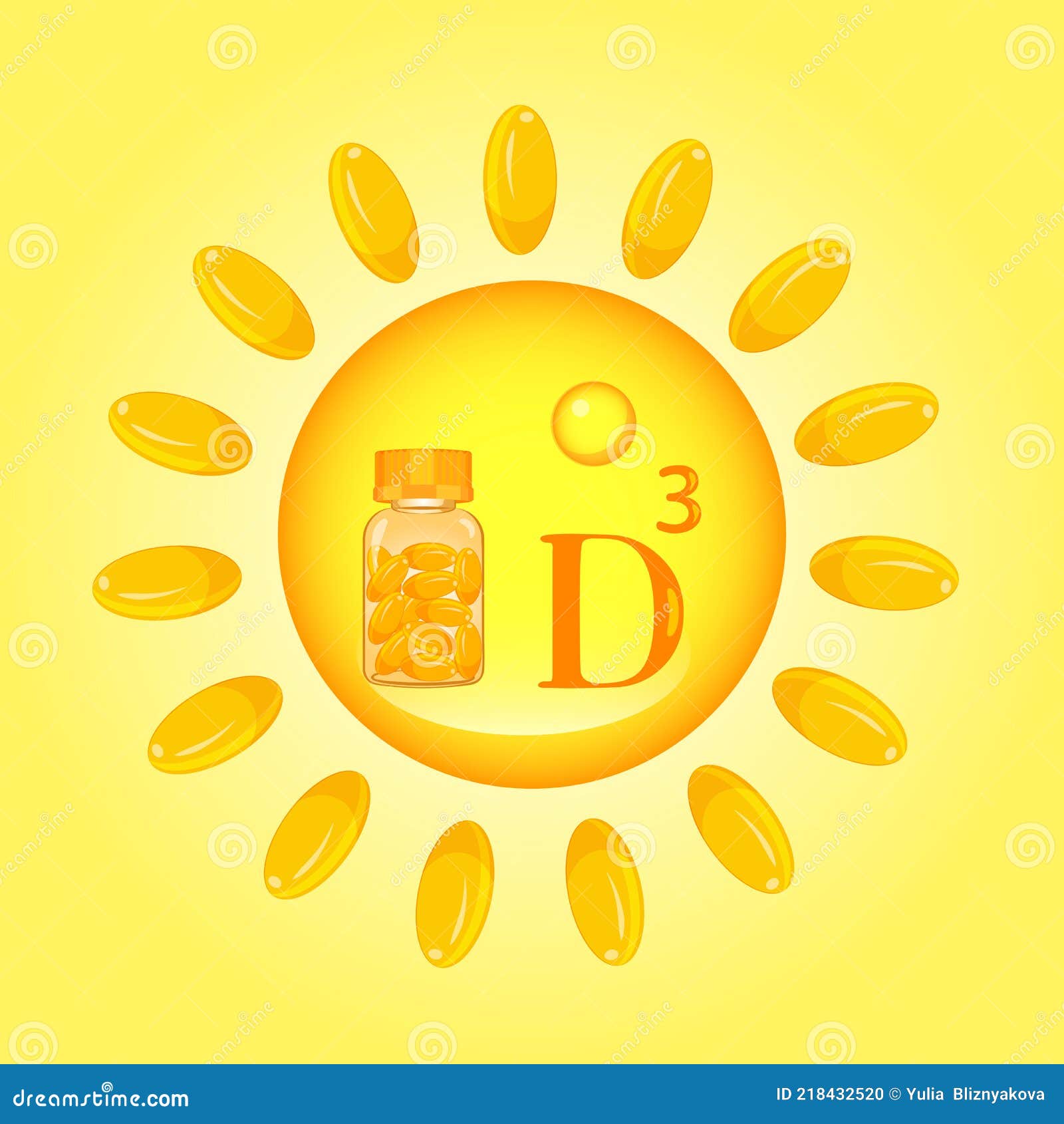 Bright, Orange Vitamin D 3 Vector Poster in a Solar Circle. Stock