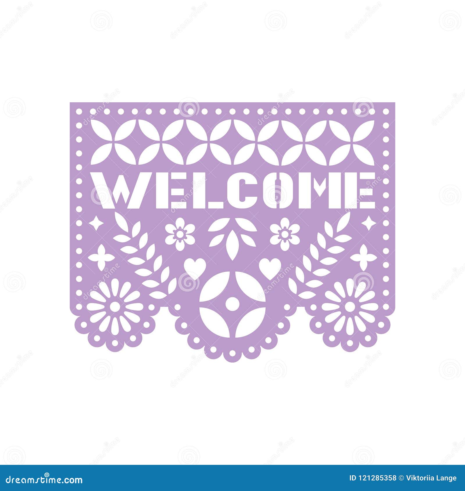 bright paper with cut out flowers, geometric s and text welcome. papel picado.