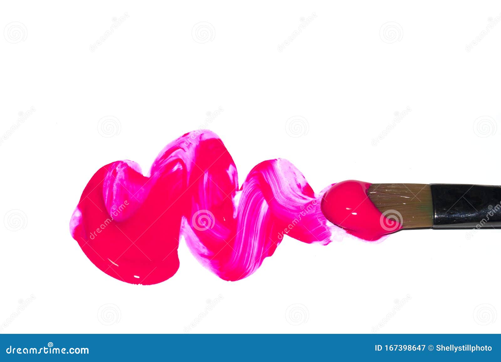 Bright Pink Acrylic Paint Stroke with Paint Brush on White Background