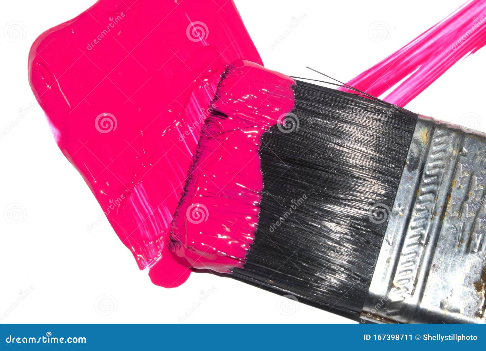 Bright Pink Acrylic Paint Stroke with Paint Brush on White Background