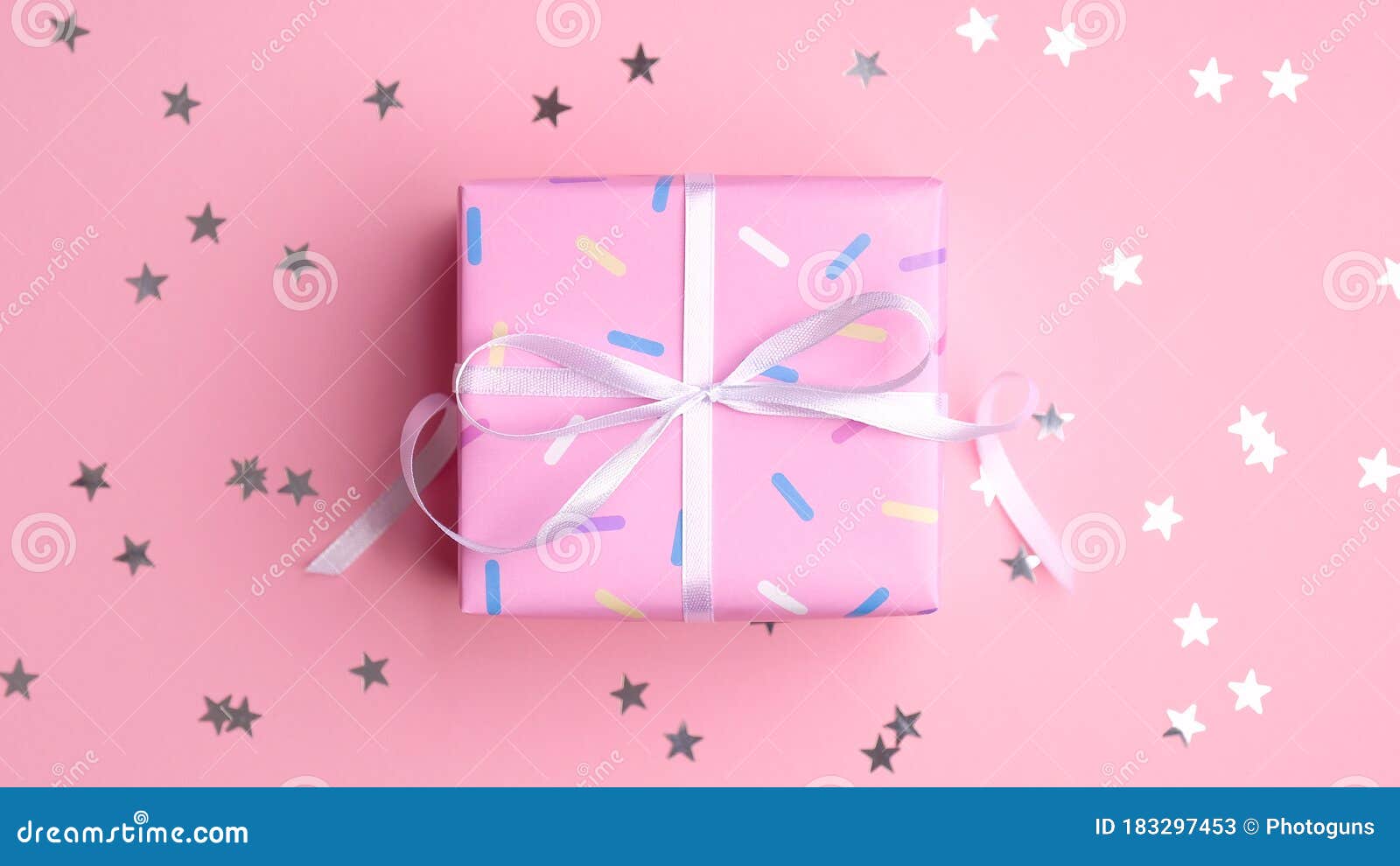 Bright Pink Gift Box With Silver Sparkle Confetti Stars On