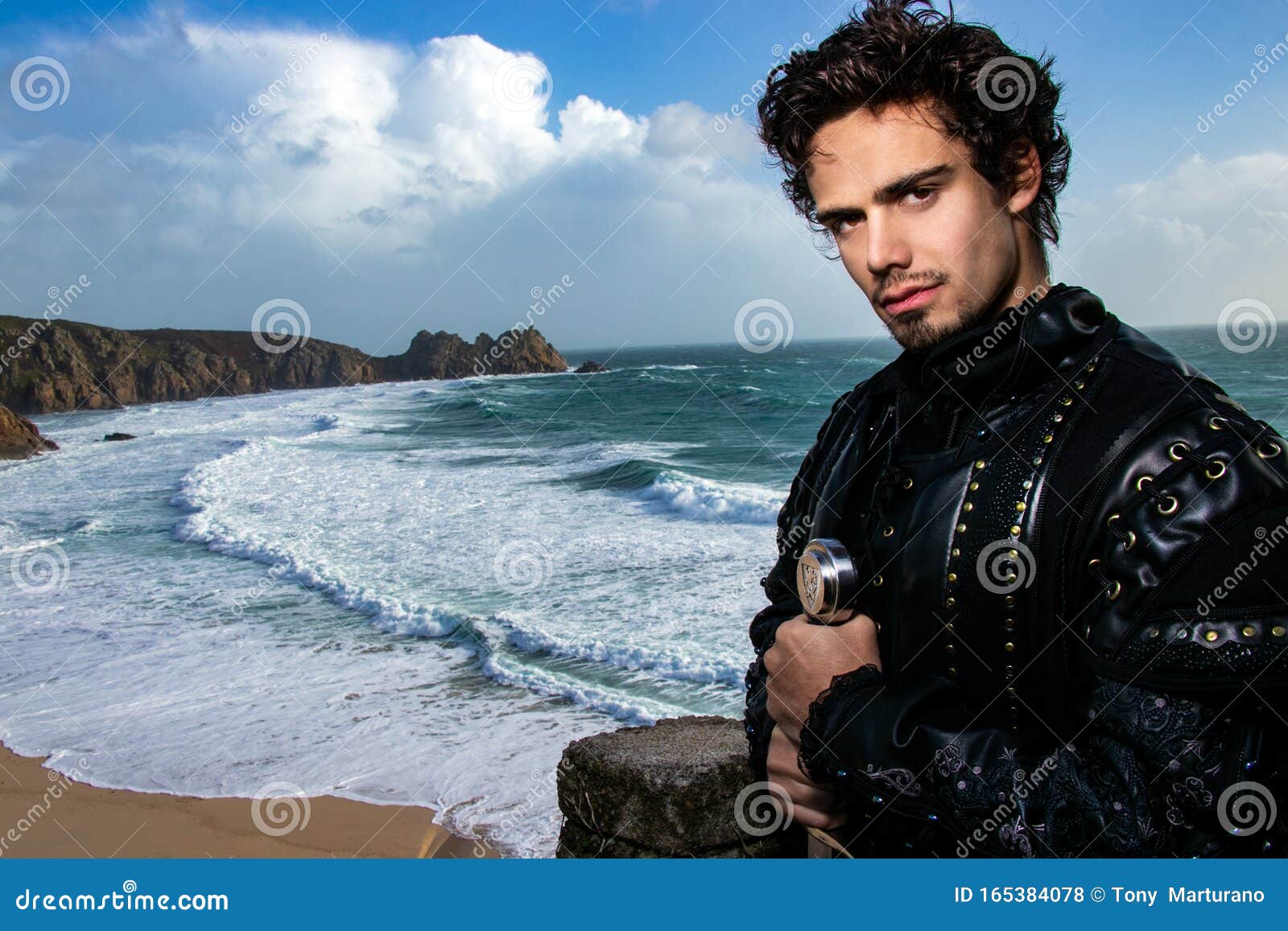 Bright Portrait of Handsome Knight Standing on Castle Balcony with ...