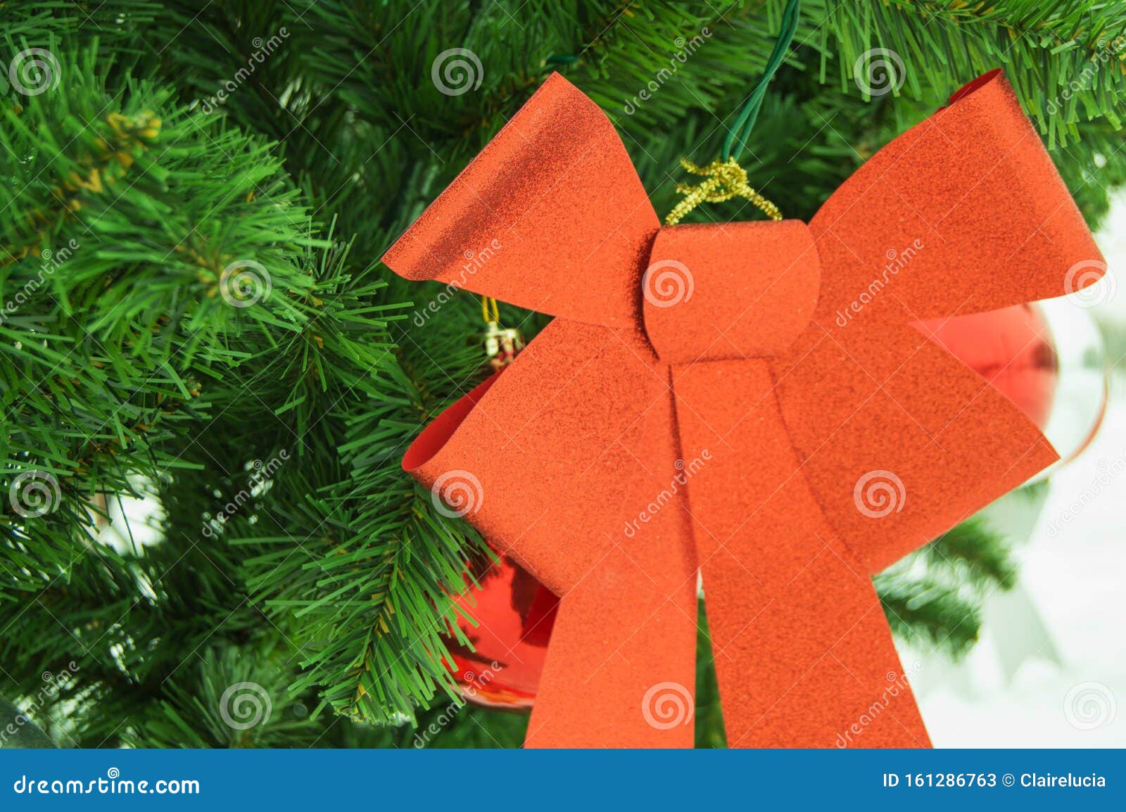 A Bright Red Bow on the Christmas Tree, Concept, Decoration, Christmas