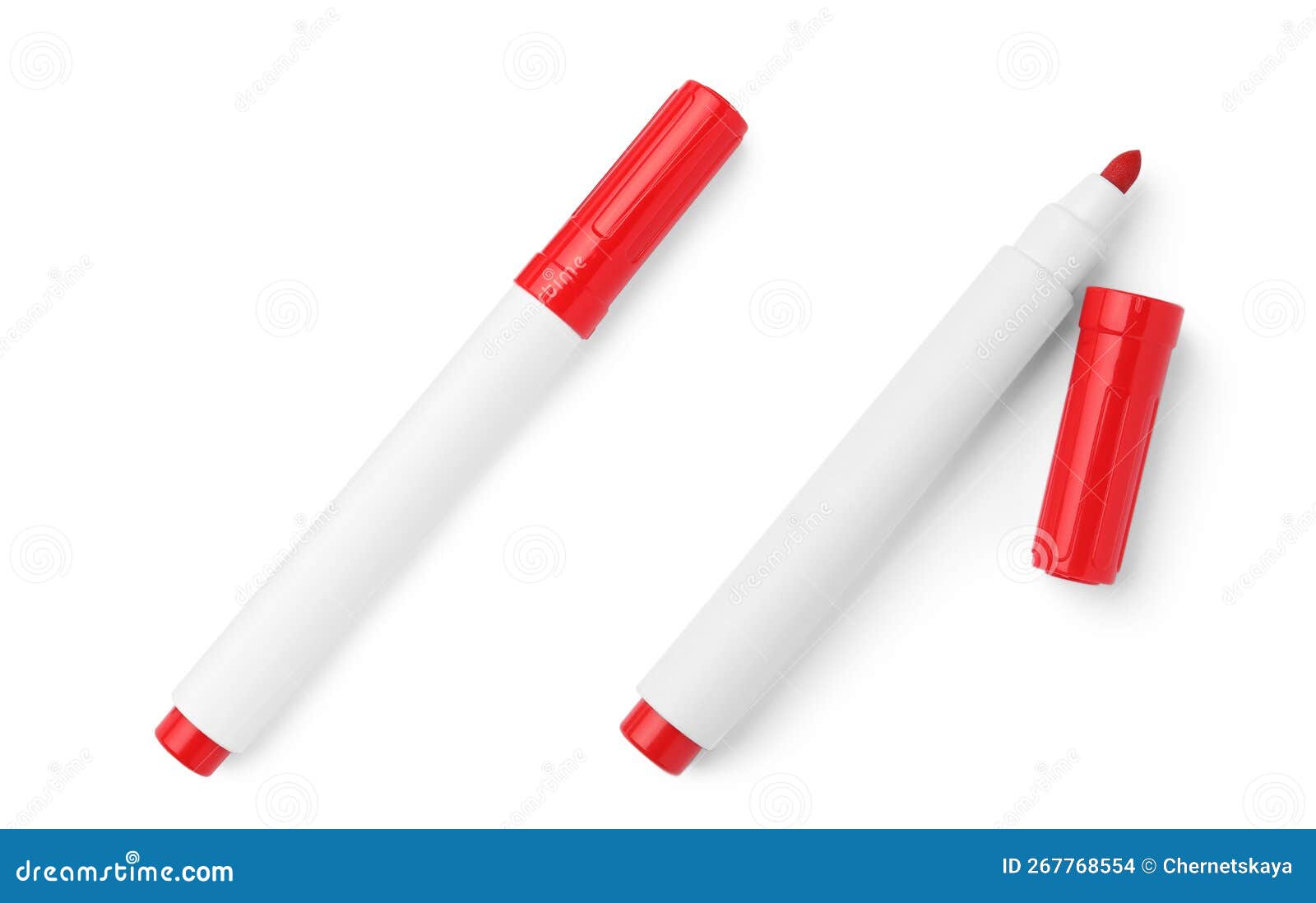 Bright Red Markers on White Background, Top View. School Stationery Stock  Photo - Image of object, drawing: 267768554