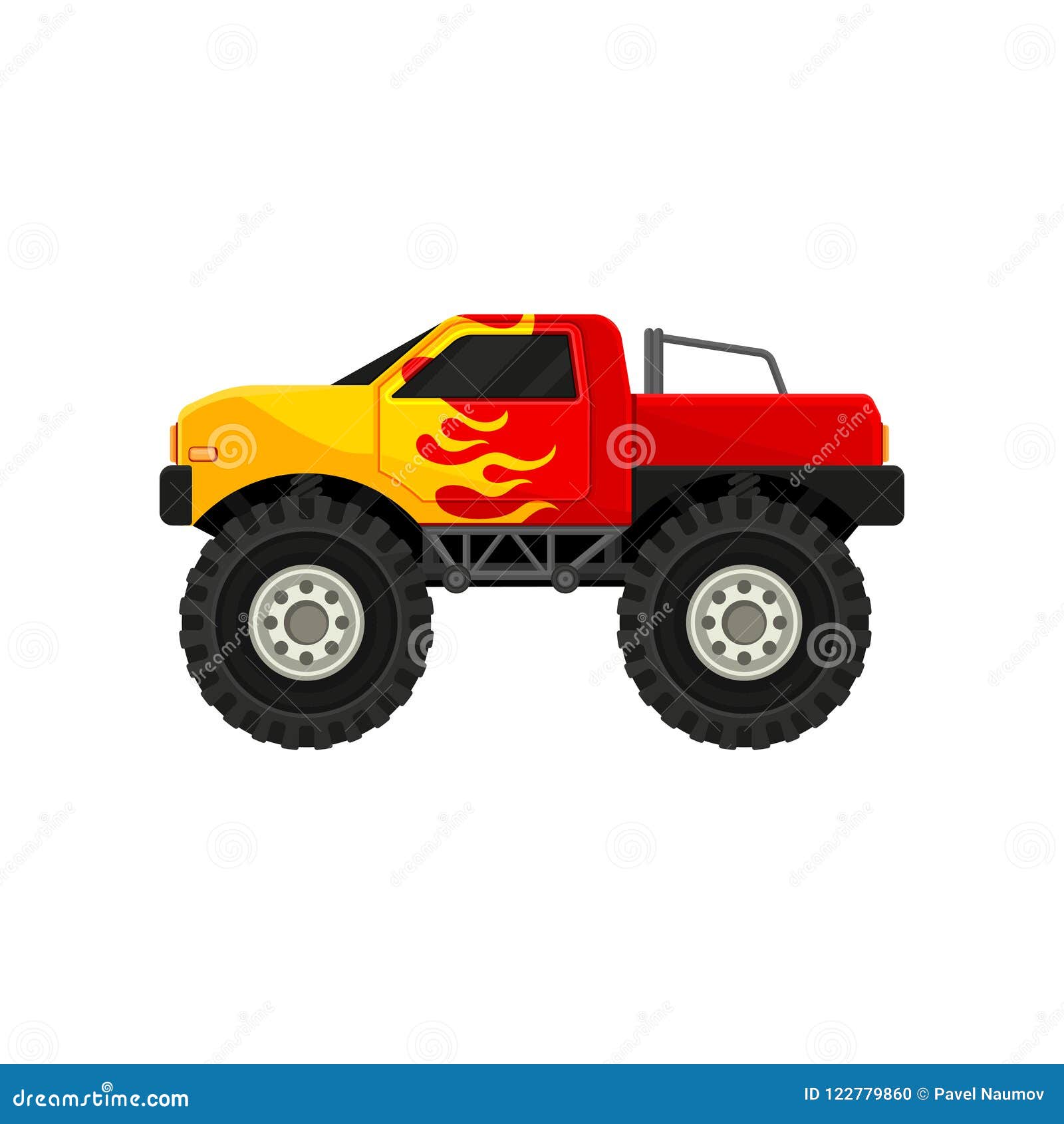 Bright Red Monster Truck with Yellow Flame Decal. Heave Car with Large  Tires and Black Tinted Windows. Flat Vector Icon Stock Vector -  Illustration of game, element: 122779860
