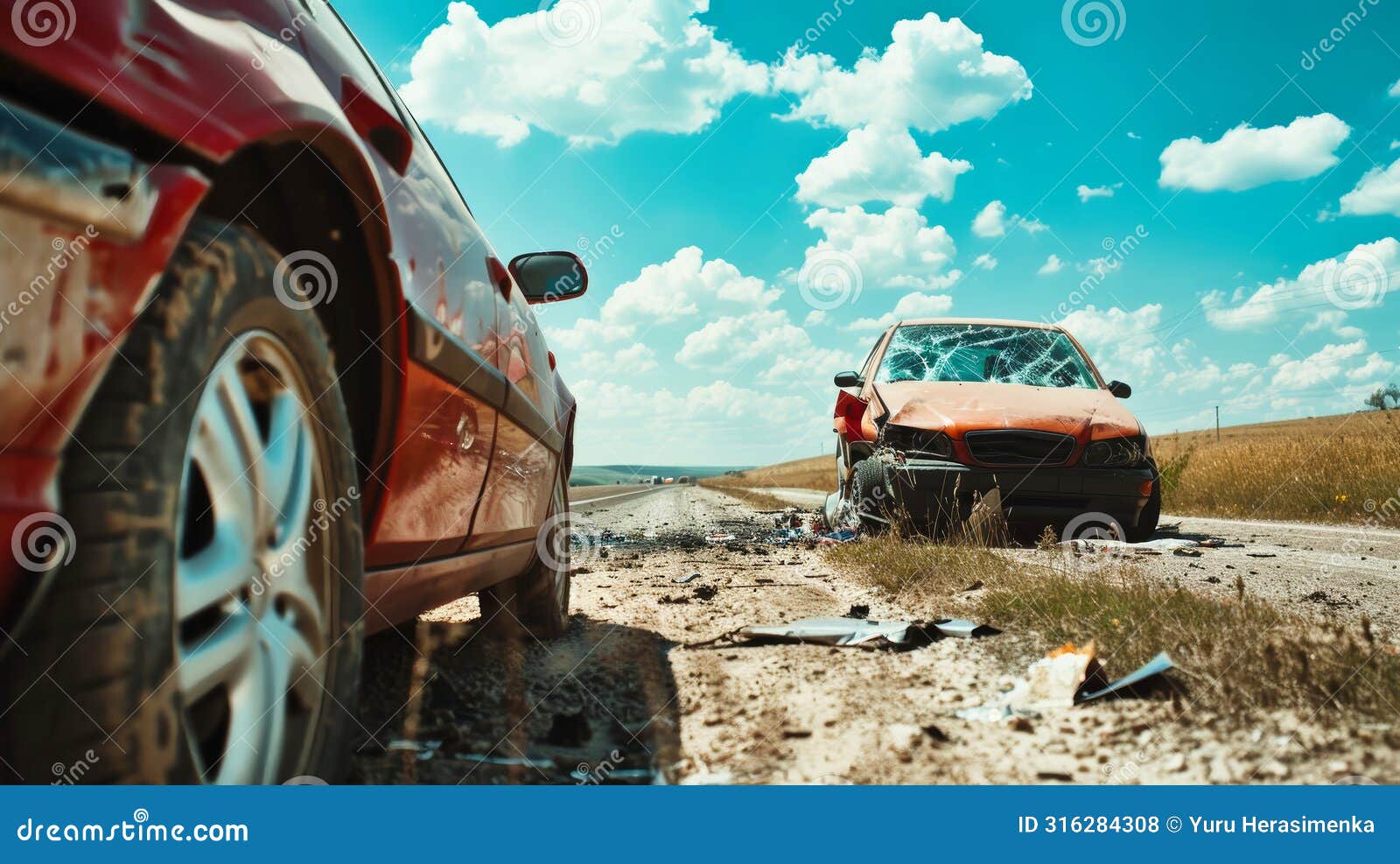 a bright red mustang sits stranded by the roadside, appearing forlorn and abandoned