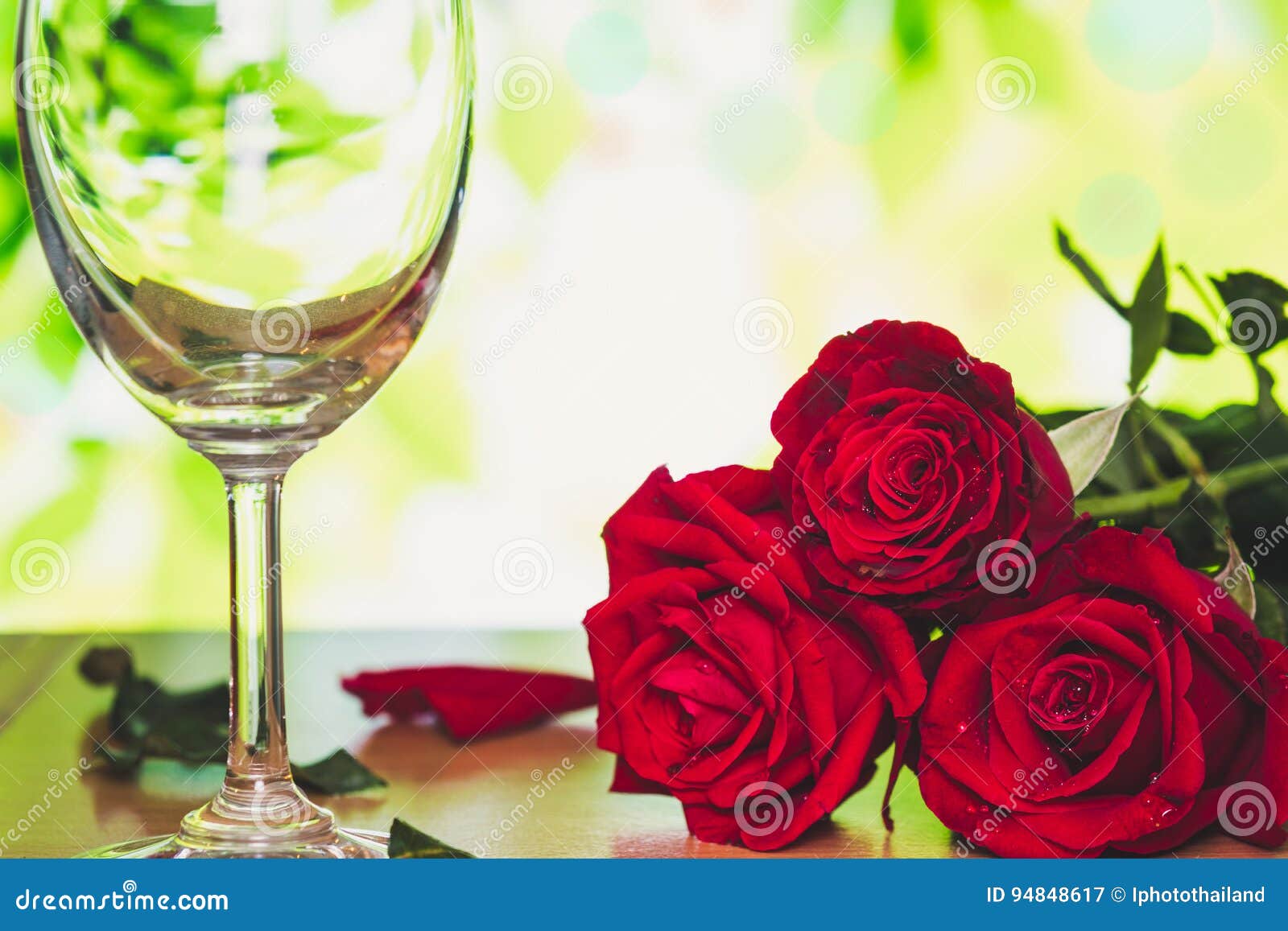 Bright Red Rose and Wine Glass for Valentine`s Day Stock Image Image