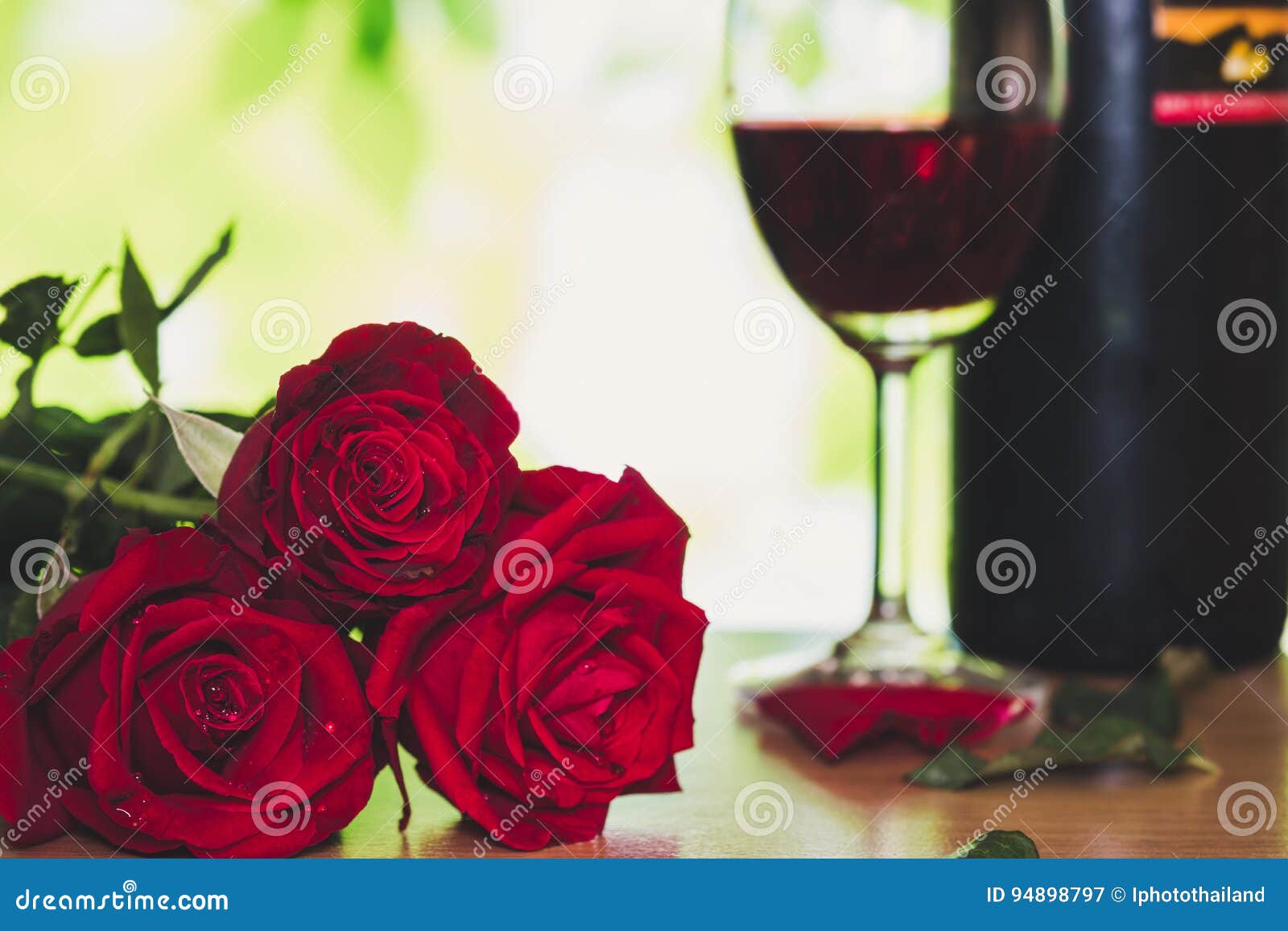 Bright Red Rose and Wine Glass for Valentine`s Day Stock Image Image