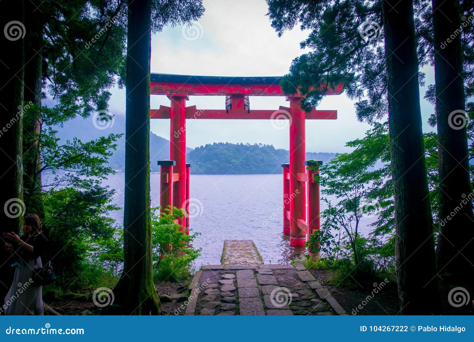 bright red torii gate submerged in the waters of ashi lake, caldera with mountains on the background. hakone shrine