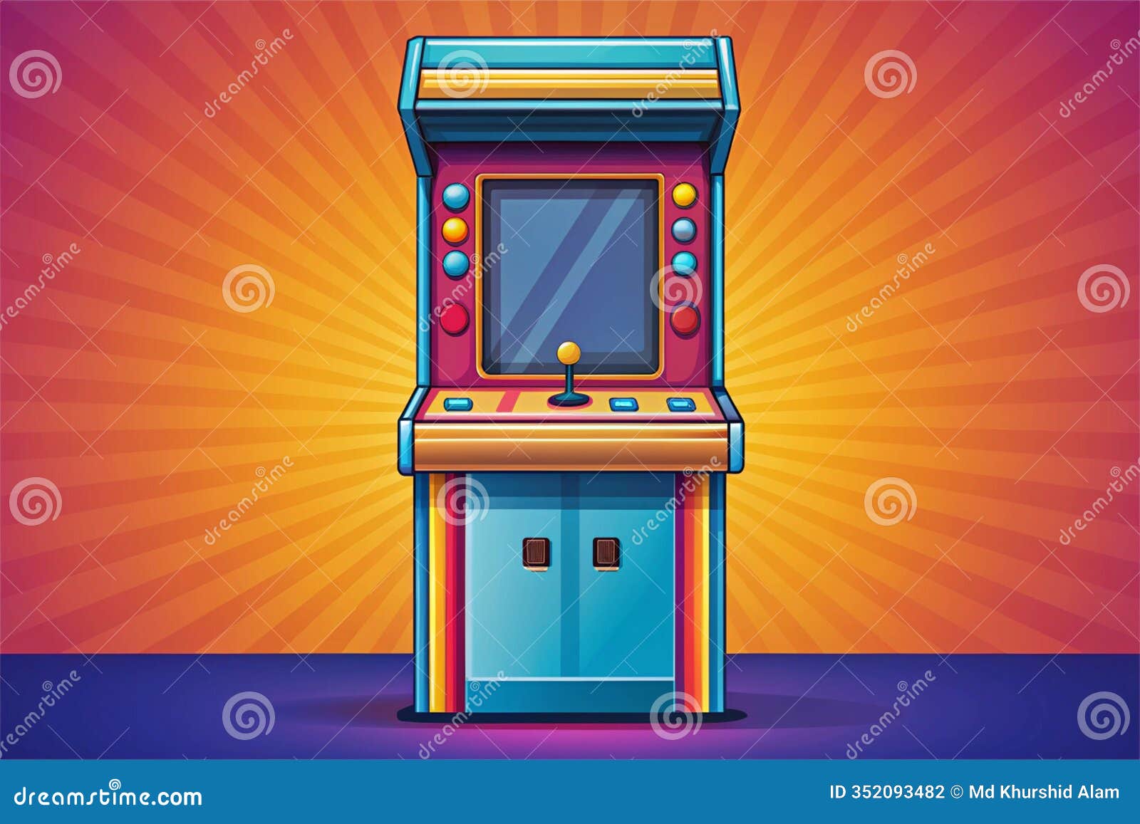 bright retro gaming arcade machine graphic showcasing nostalgic  s and a vibrant radial background