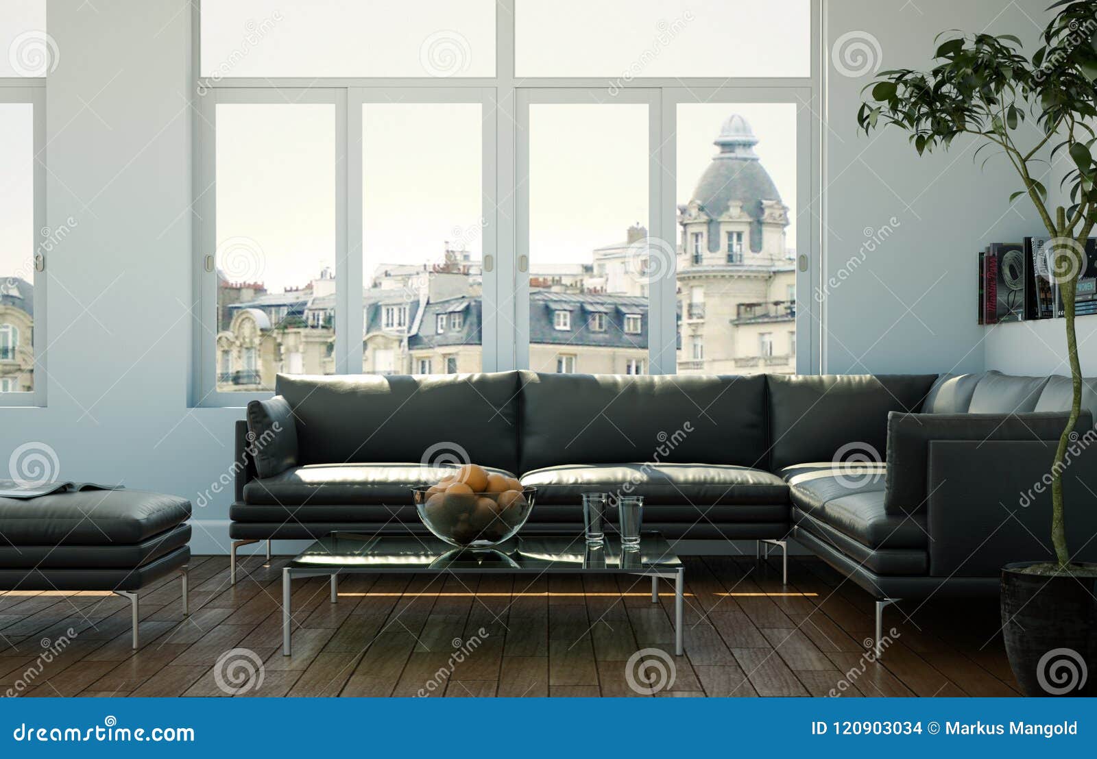 Bright Room with Black Leather Sofa and Table Stock Illustration Illustration of functional