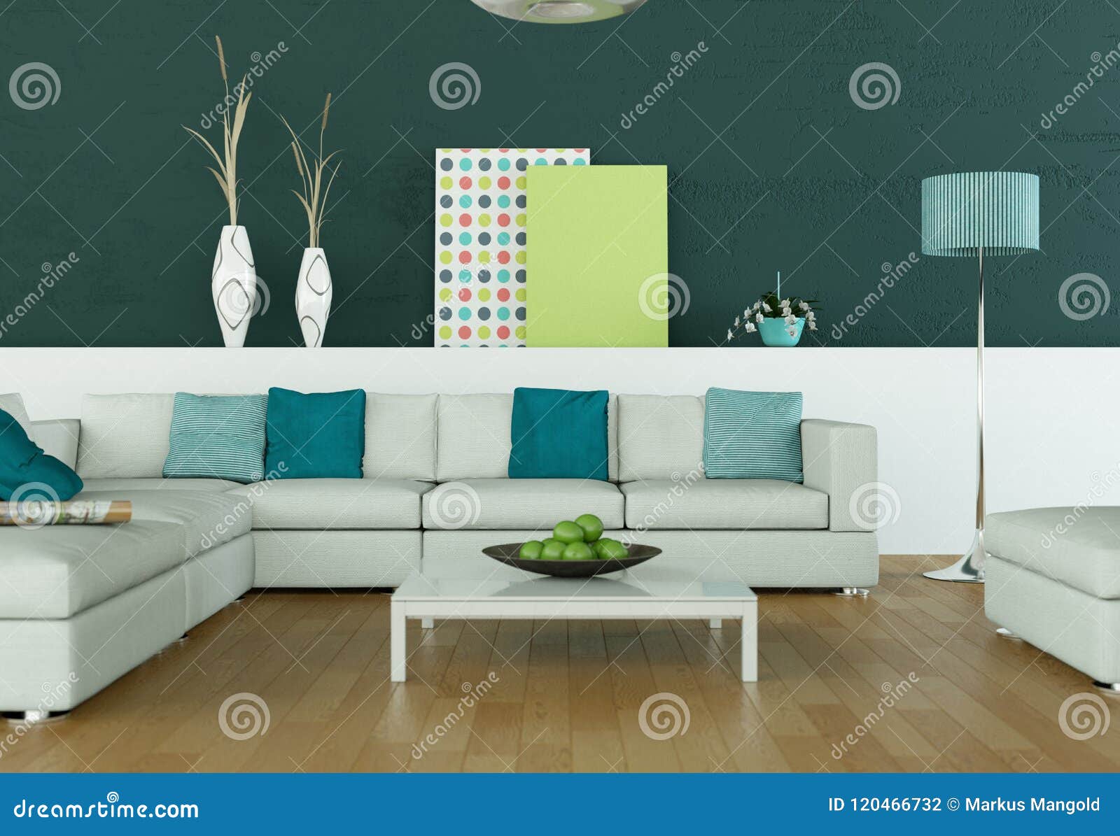 Bright Room With White Sofa In Front Of A Green Wall Stock