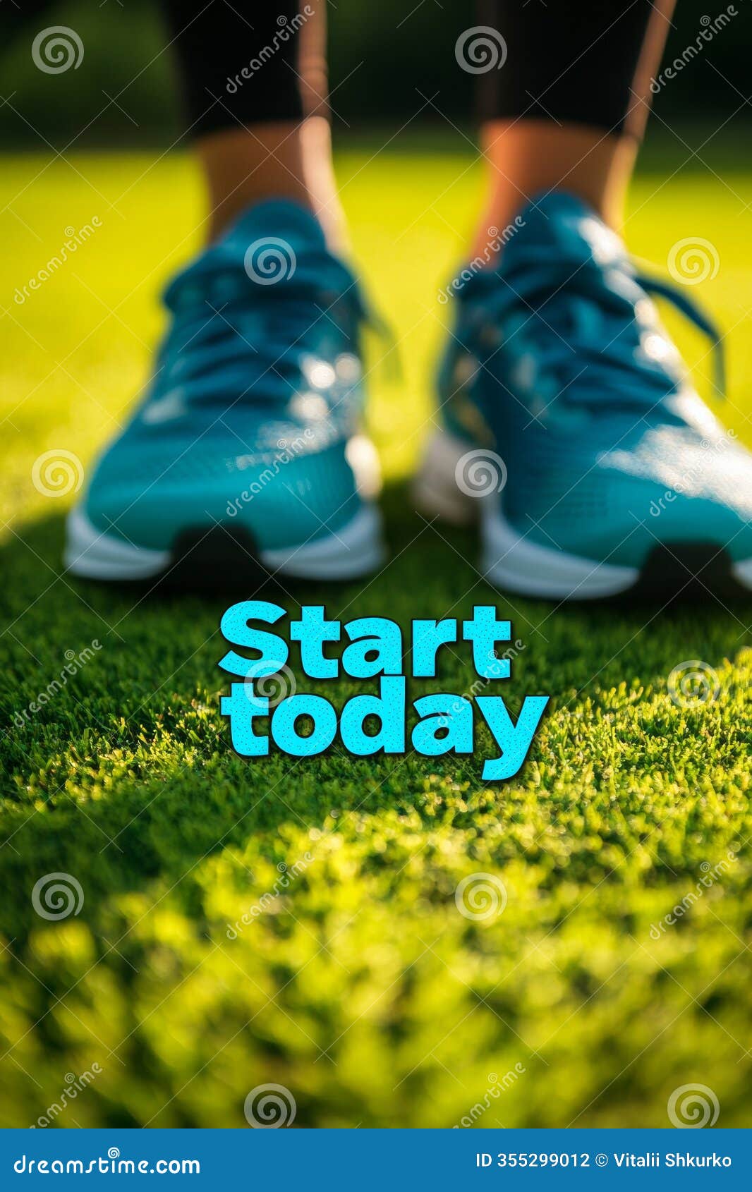 bright running shoes rest on vibrant green grass, encouraging an active lifestyle. the motivational text 'start