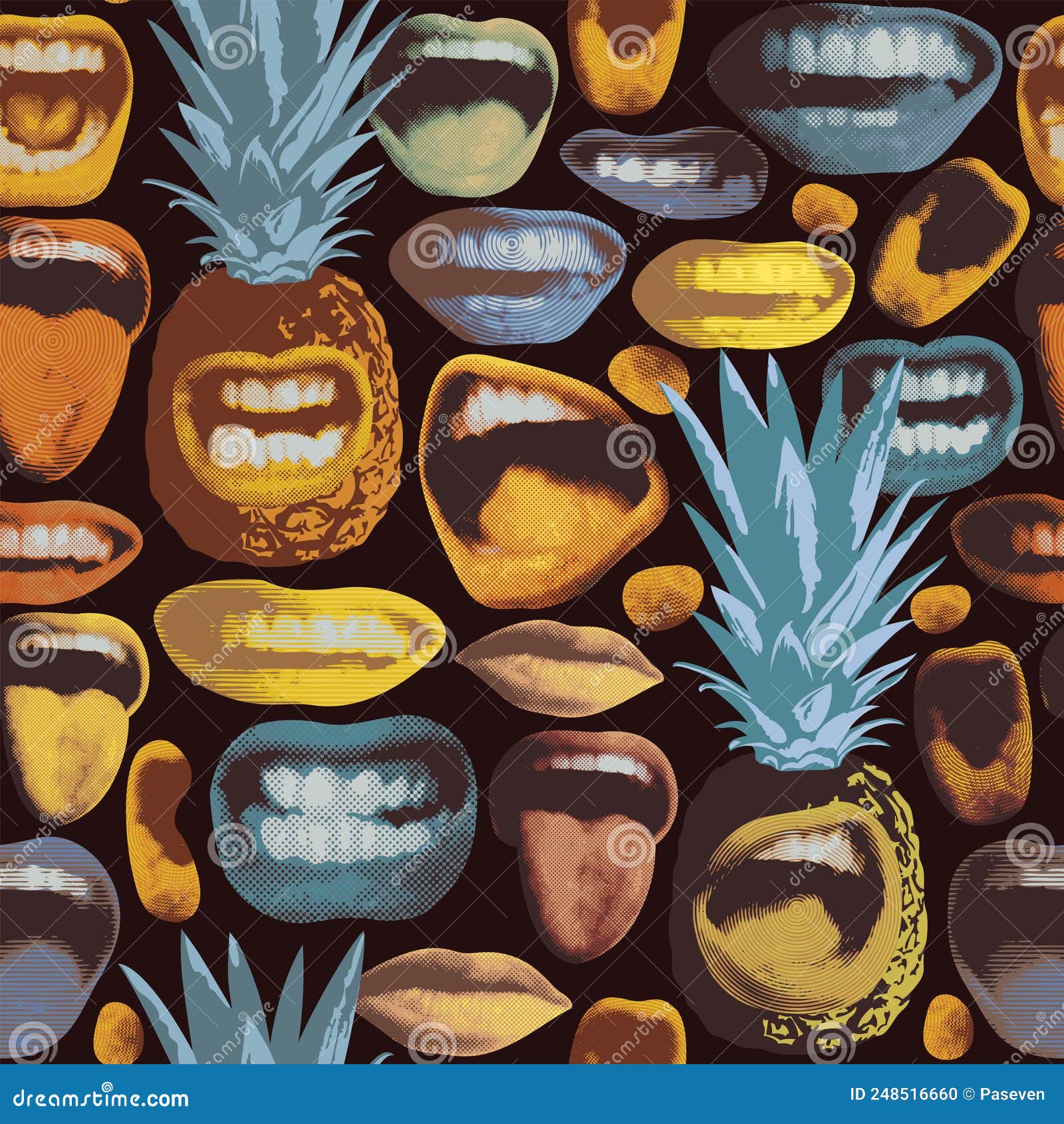 seamless pattern with color mouths and pineapples