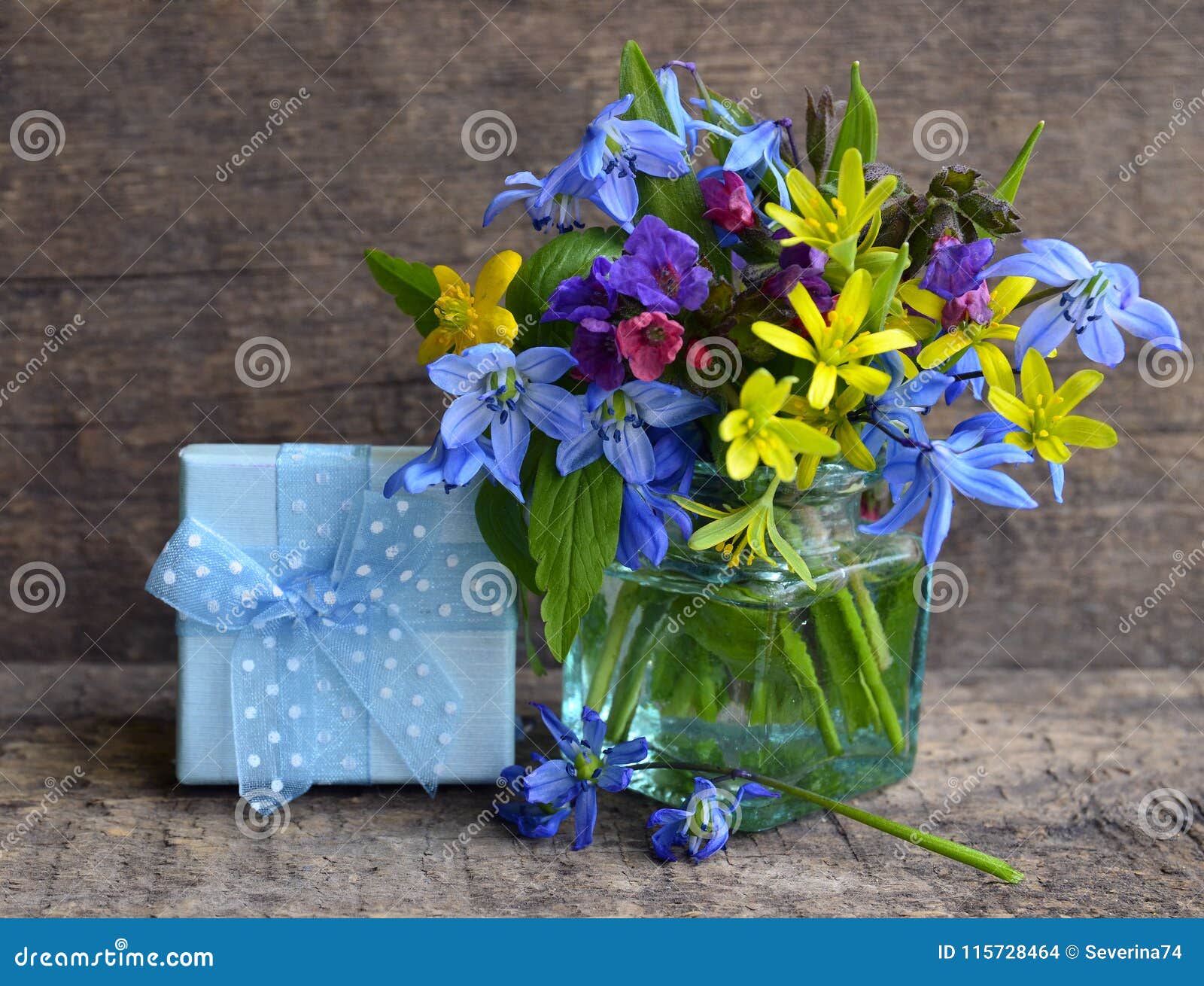 Bright Spring Flowers Bouquet in a Glass Vase and Gift Box on Old ...