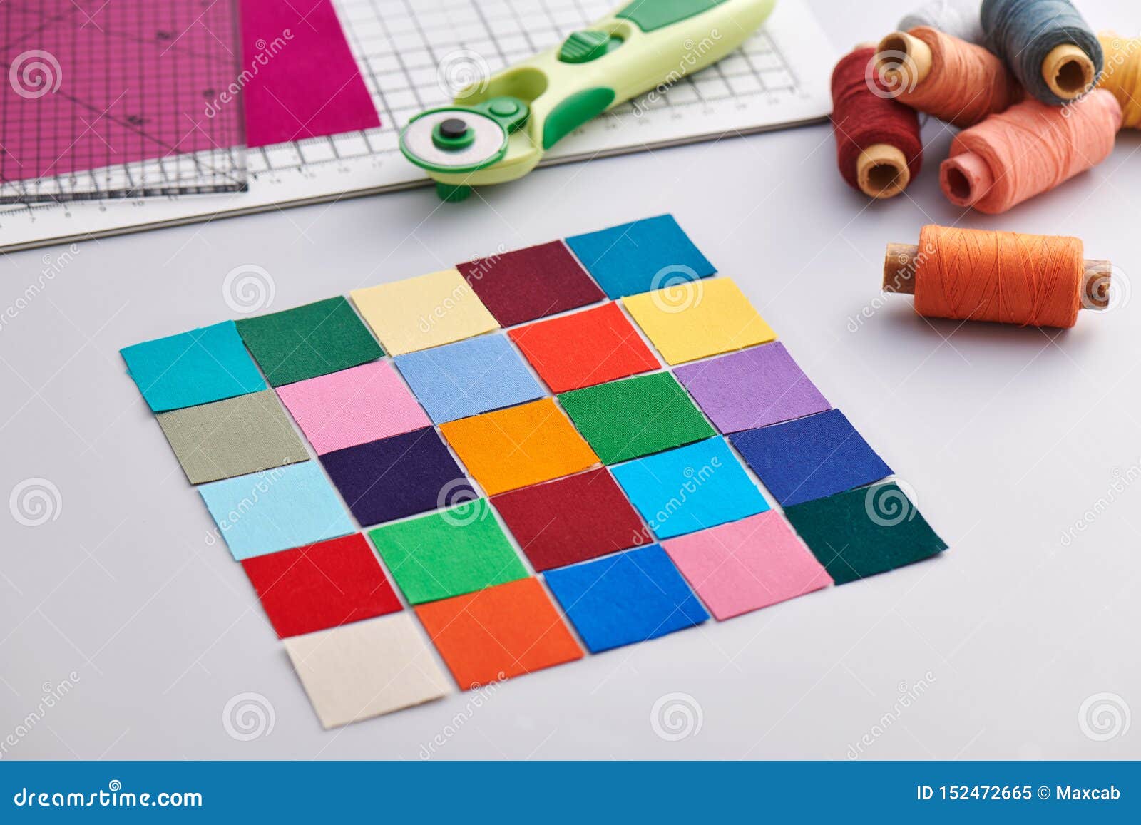 Bright Square Pieces of Fabric, Sewing and Quilting Accessories Stock