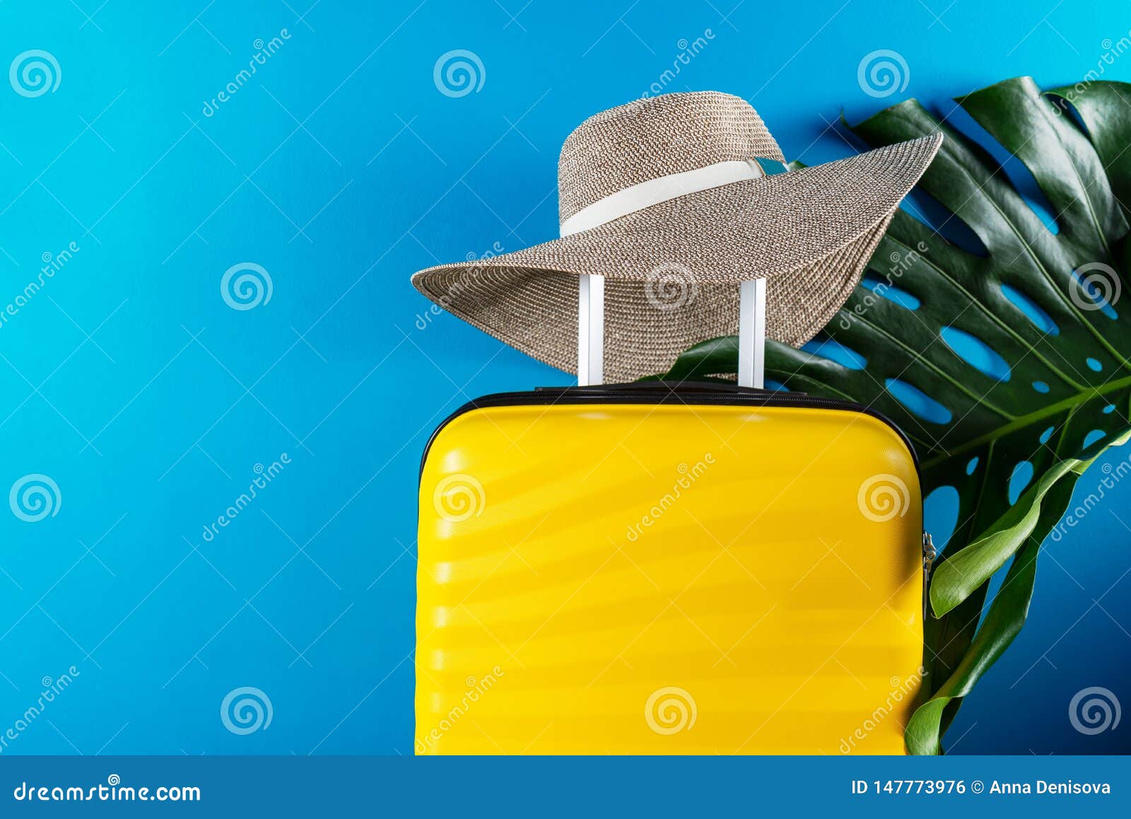 Bright and Stylish Cabin Size Suitcase with Straw Hat and Monstera Leaf ...