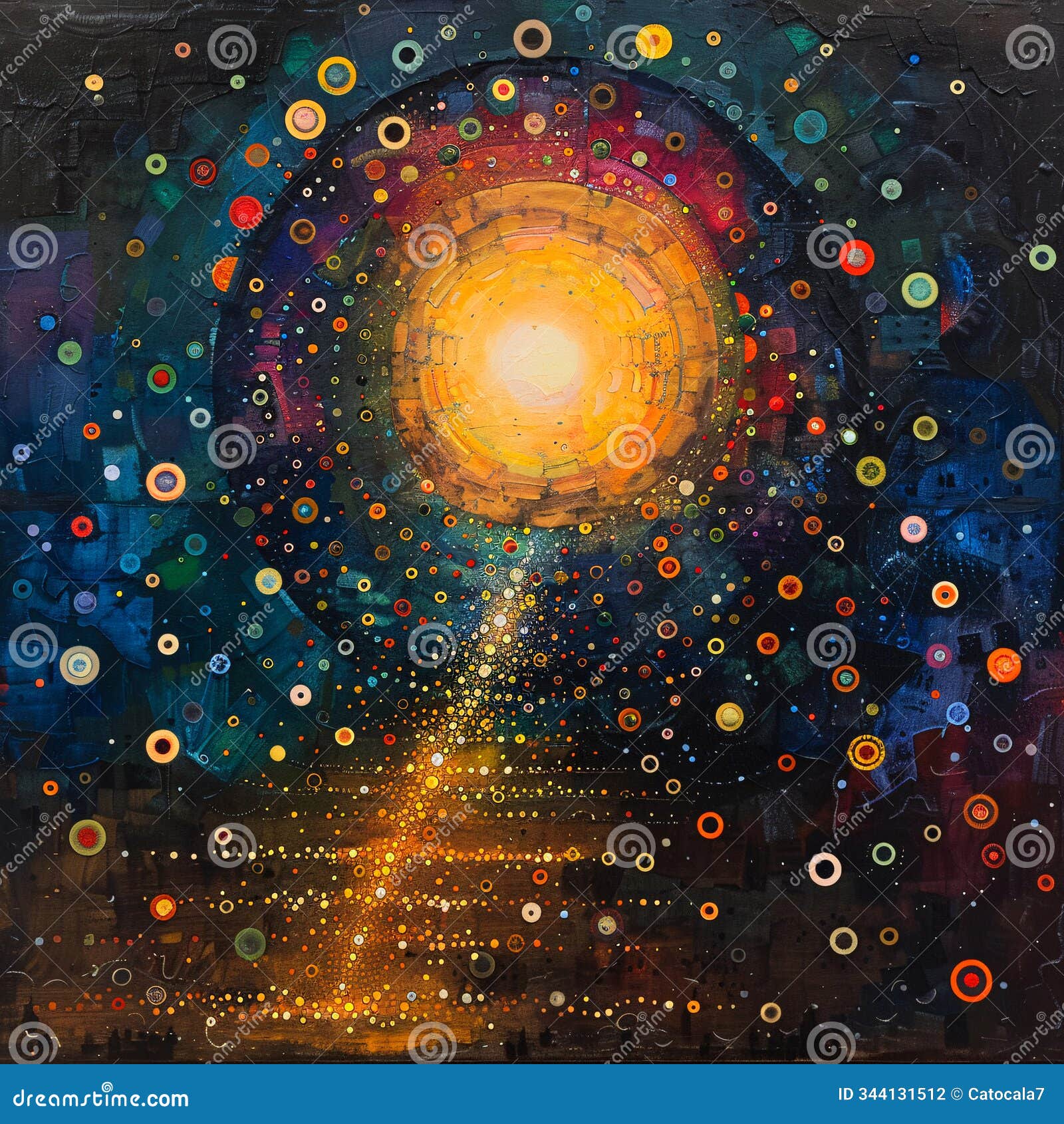 bright sun radiating vibrant light amidst a universe of colorful orbs, evoking warmth and energy during a cosmic event