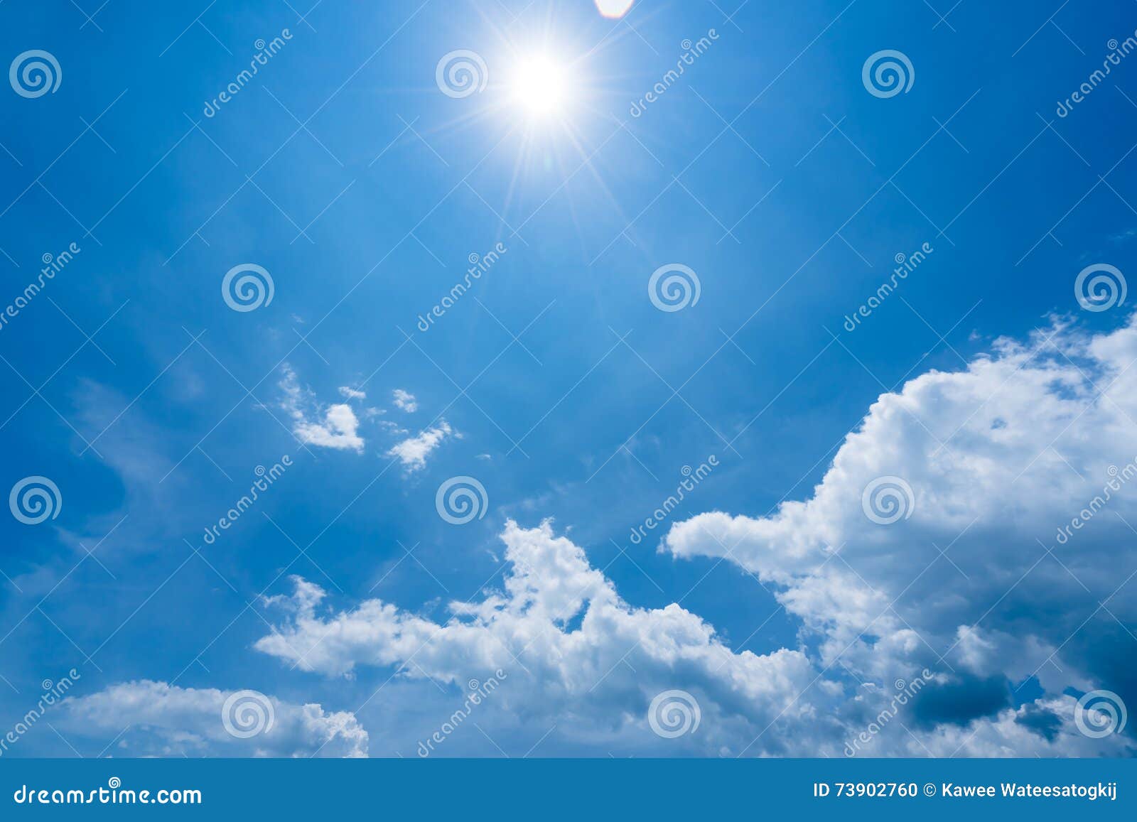 bright sunshine with sun flares and clouds on clear blue sky background, hot summer concept