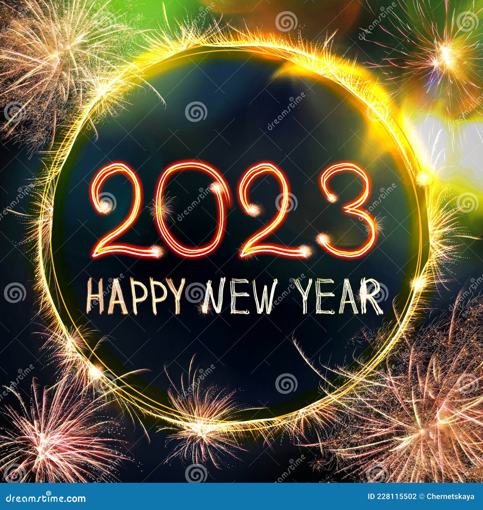 Bright Text Happy New 2023 Year Made Of Firework On Dark Background Greeting Card Design Stock Photo Image Of December Gold 228115502