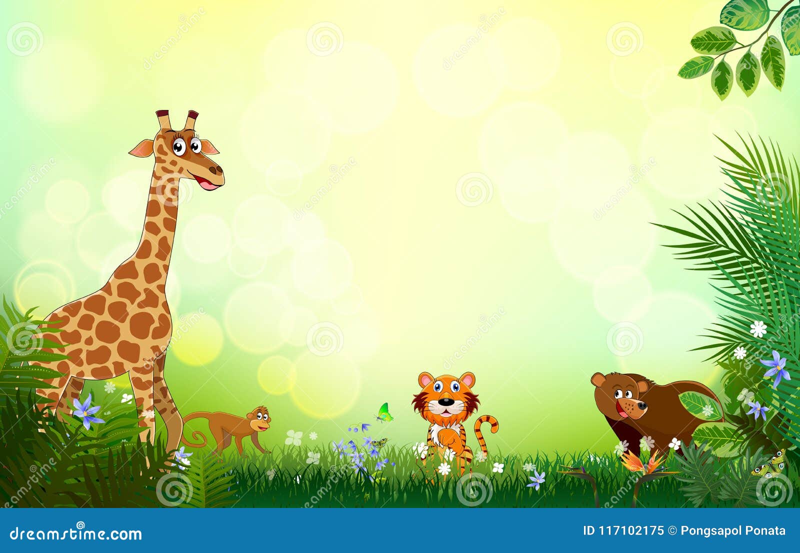 Bright Tropical Background with Cartoon; Jungle; Animals; Stock Vector -  Illustration of lion, happy: 117102175