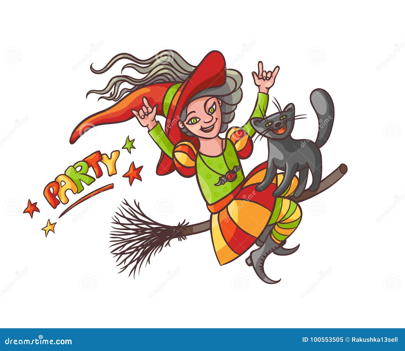 Bright vector happy girl witch on broom with cat Illustration cheerful humorous young magician and pet to all saints day Children Halloween