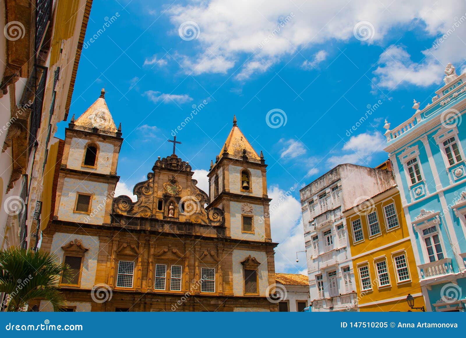 bright view of pelourinho in salvador, brazil, dominated by the large colonial cruzeiro de sao francisco christian stone cross in