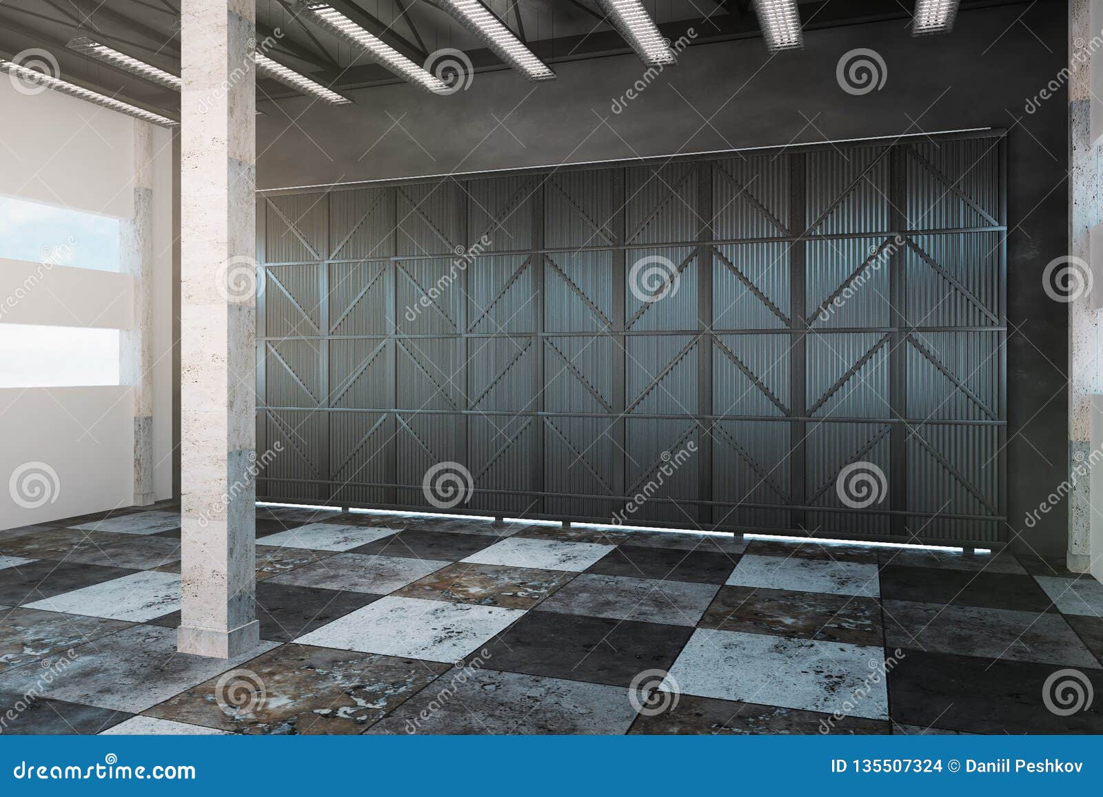 Bright warehouse interior stock illustration. Illustration of loft