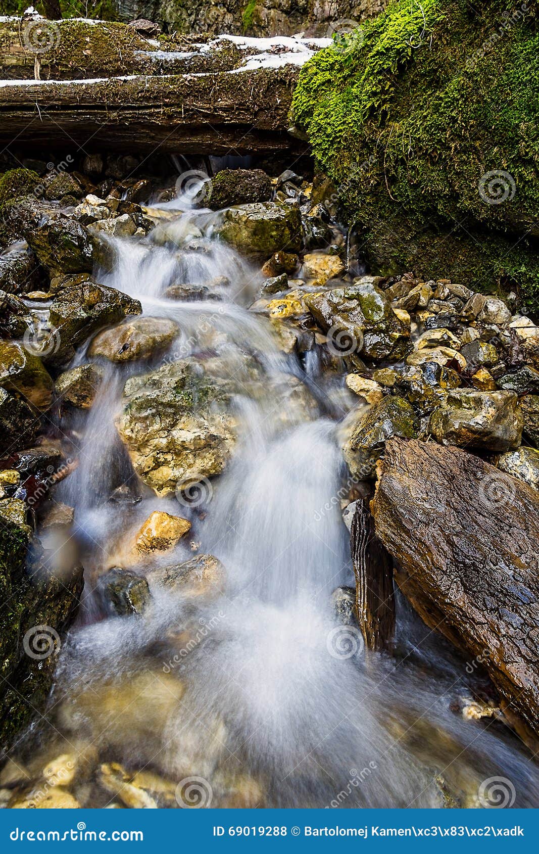 Bright Waterfall Filled with Water from Melting Snow Stock Photo