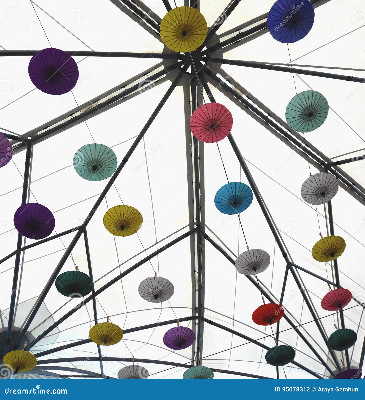 Bright White Ceiling with Colorful Upside Down Umbrella Decorations Stock Photo Image of