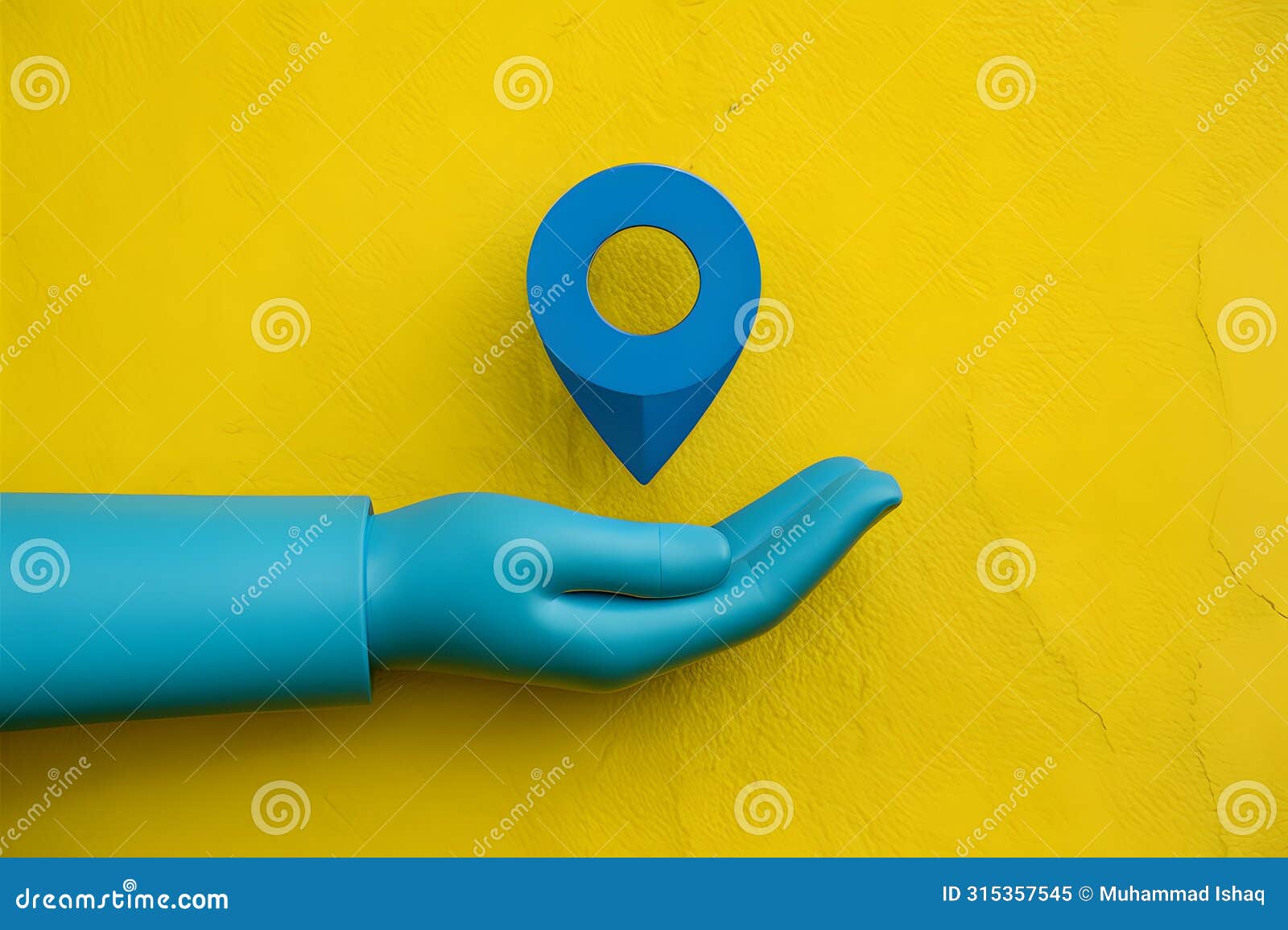 bright yellow background, blue pin, hand holding grocery bag, seamless delivery service concept