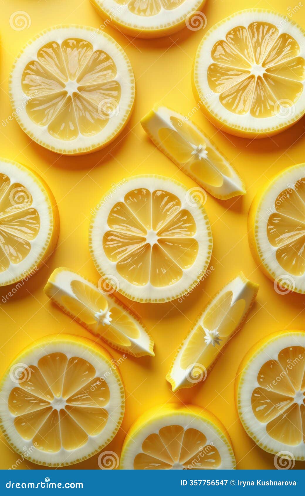 bright yellow background shows many lemon slices. circular slices, segments of lemon arranged in pattern. vibrant yellow color,