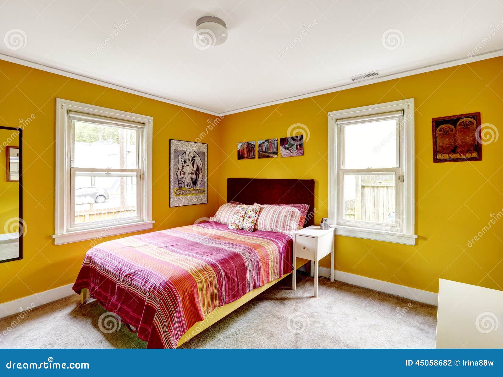 Bright Yellow Bedroom Interior Stock Photo - Image of carpet, royalty