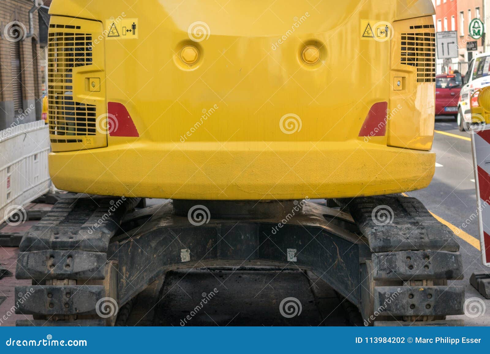 Bright Yellow Excavator Behind Empty Mockup Advertising Space Construction Roadwork Vehicle ...