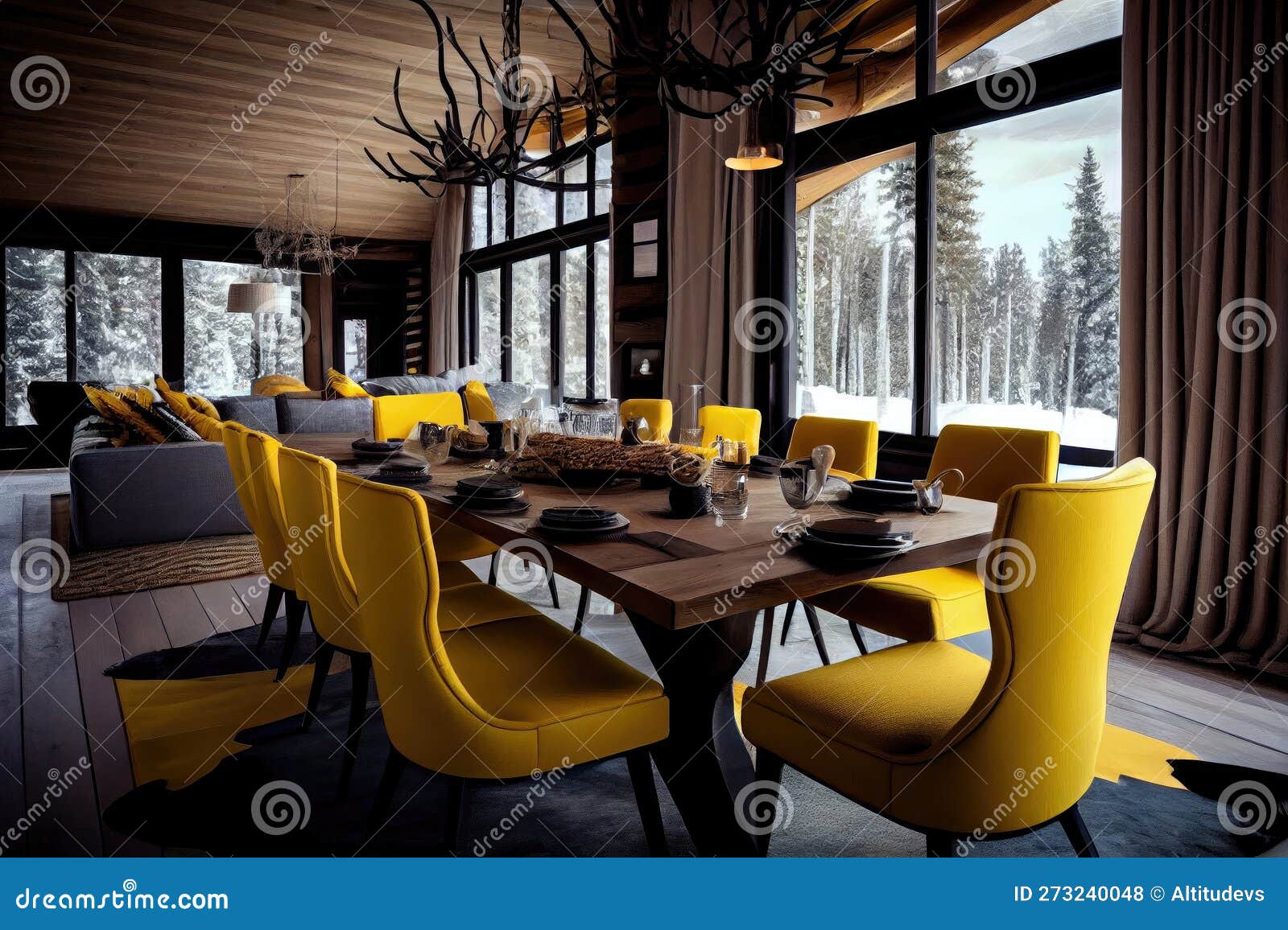 Bright Yellow Sofa Chairs with Rugs for Cozy Interior of Chalet Big