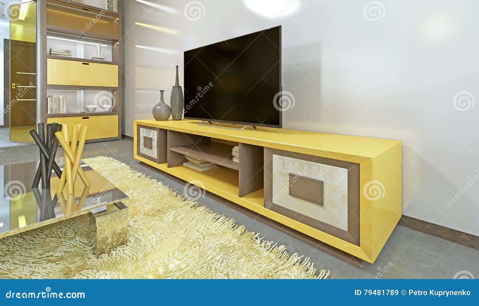 Bright Yellow TV Unit in Modern Living Room. Stock Illustration