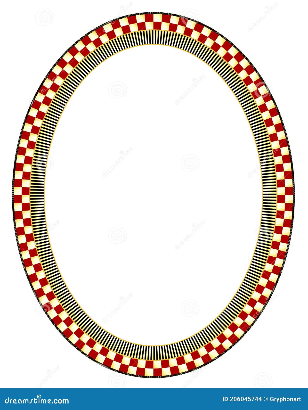 brightly chequered and striped oval or elipse d frame with a black outside edge containing gold polka dots.