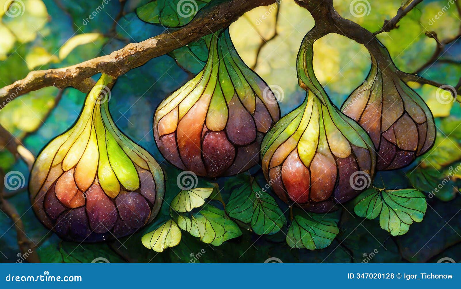 brightly colored, abstract figs in a stained-glass-like artistic style with intricate details and vibrant natural