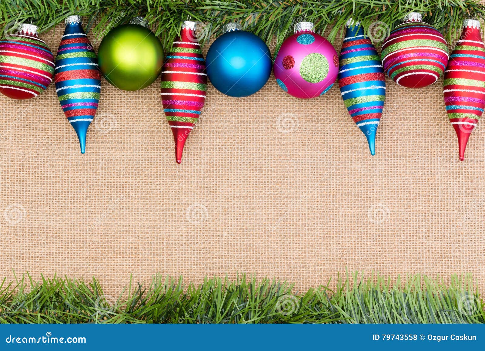 Brightly Colored Border of Christmas Ornaments Stock Photo - Image of ...